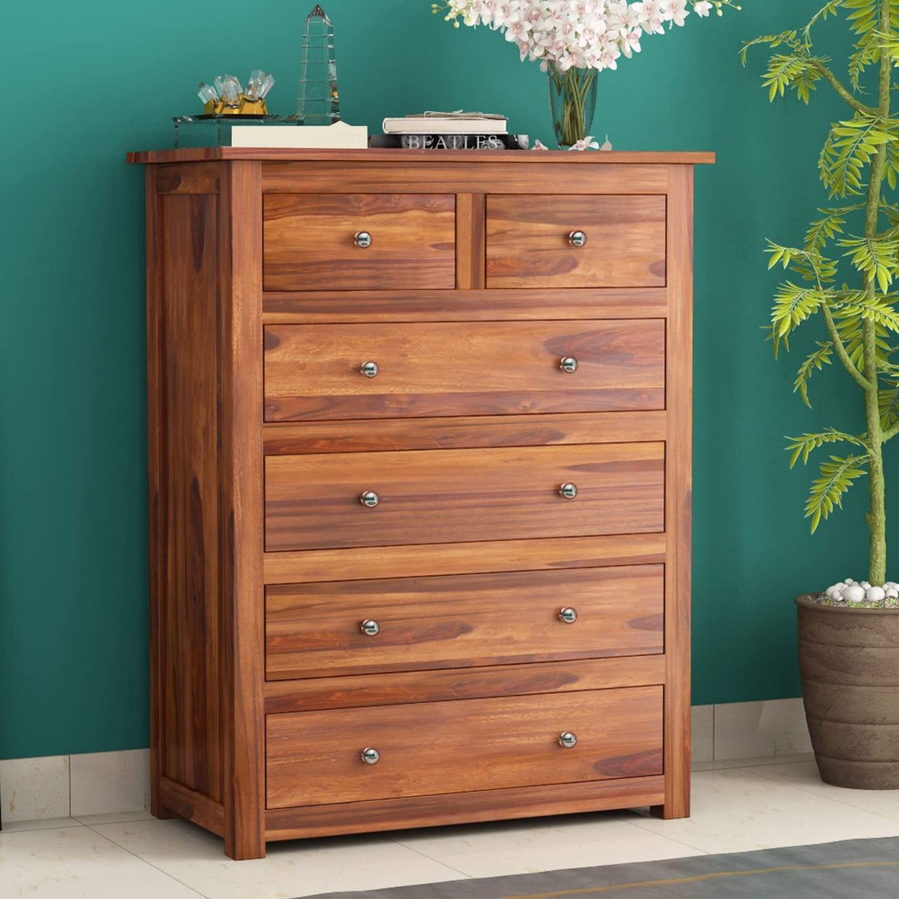 Krishna Wood Decor Contemporary Sheesham Wood Chest of Drawers 6 Drawer Storage Sideboard,Bedroom Hall Home Office Furniture, Kitchen Cabinet, Honey Finish