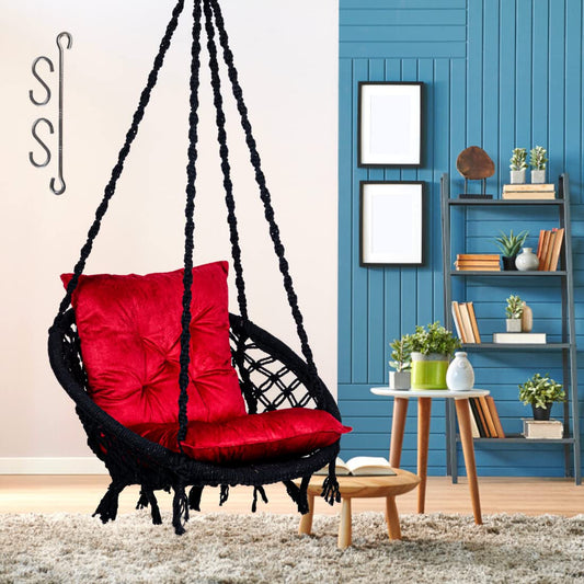 Patiofy Round Cotton Home Swing For Adults&Kids/Hanging Jhula For Balcony,Indoor,Outdoor/Weight Capacity 100Kgs/Includes Hanging Kit&Red L Cushion/Handmade Wooden Swing For Living Room(Black),46 Cm