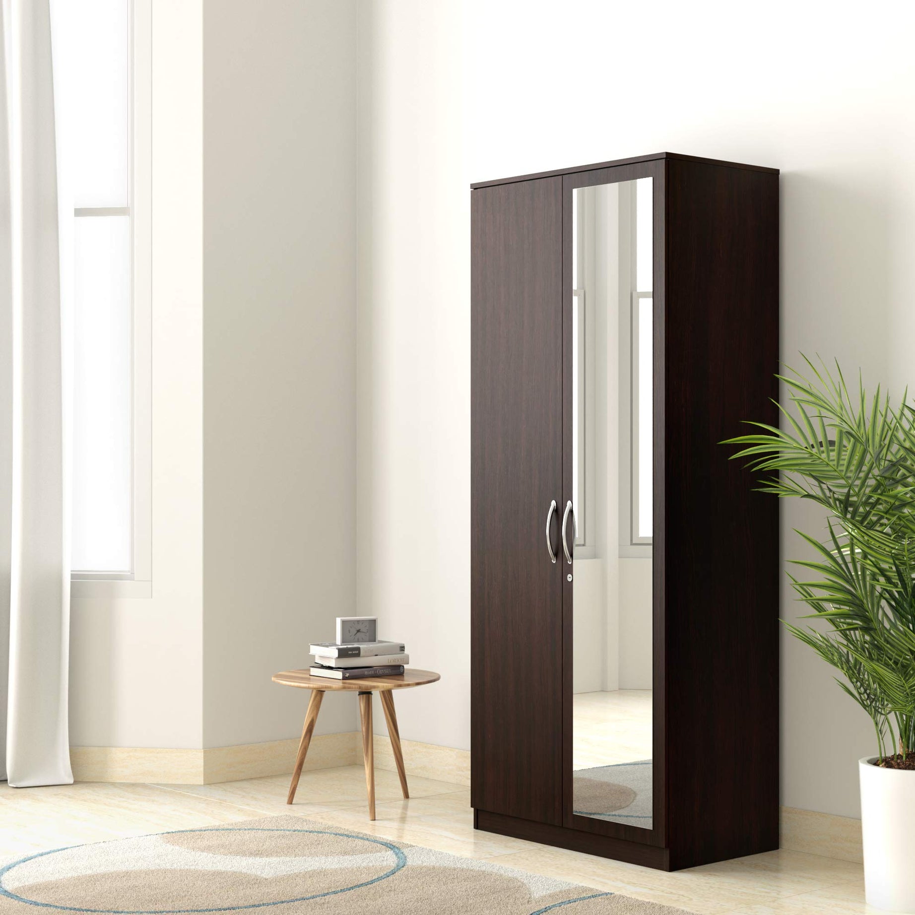 Amazon Brand - Solimo Medusa Engineered Wood 2 Door Wardrobe with Full Mirror (Wenge Finish)