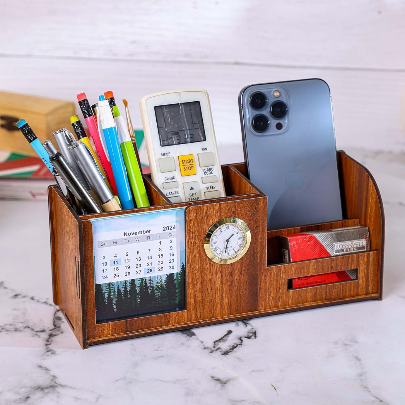 GENIYO Pen Stand with Calender, Clock, Business Visiting Card and Mobile Holder | Multipurpose Wooden Desk Organizer Pen and Pencil Holder Stand for Office and Study Table. (4 in 1 With Calender)