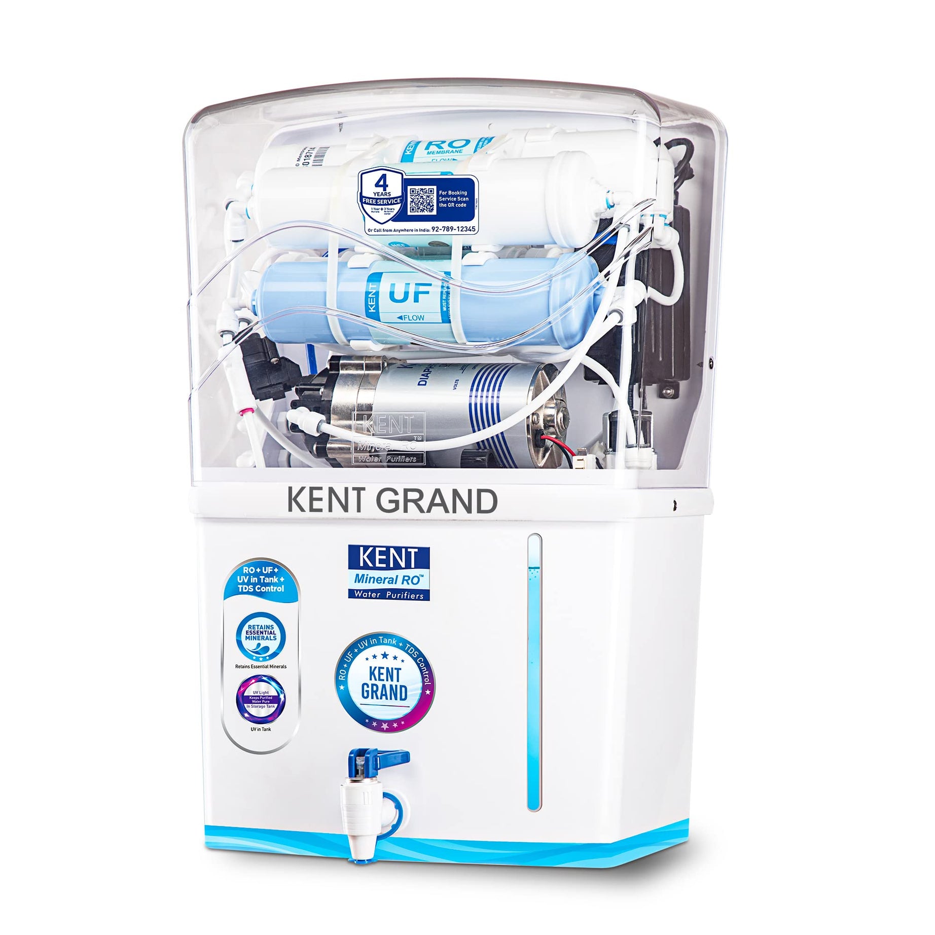 KENT Grand RO Water Purifier | 4 Years Free Service | RO + UV LED + UF + TDS Control | ISI Marked | Extra 1000 Off on Exchange | 8L Tank | 20 LPH Flow | White