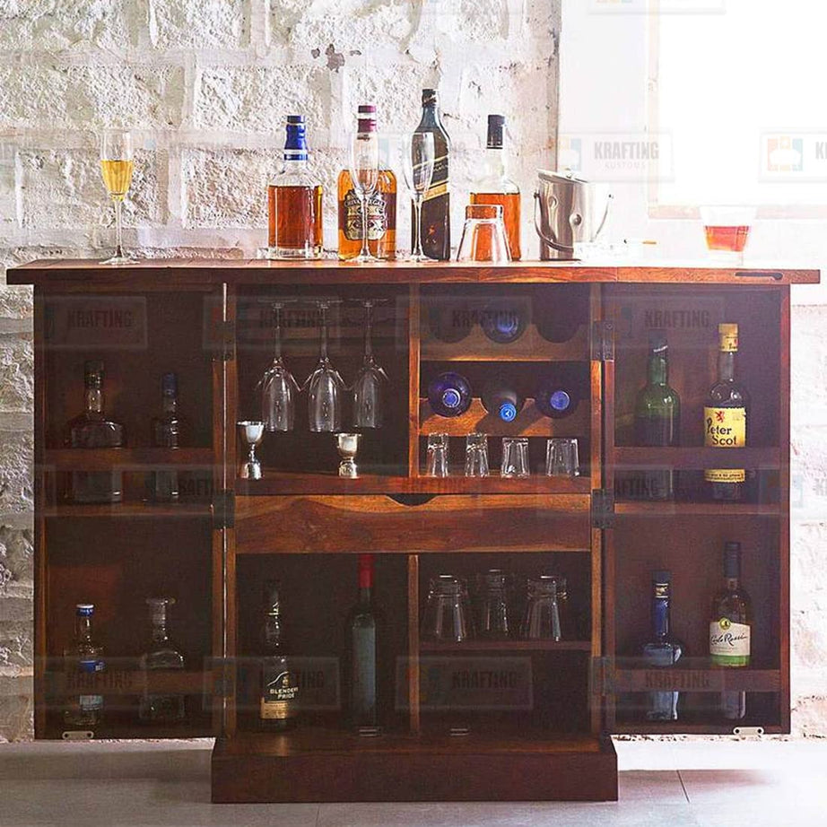 KD FURNITURES Bar Cabinet || Bar Cabinet for Home || Home Bar Furniture || Wood Bar Cabinet with Storage || Bar Cabinet for Living Room || Wine Rack with Drawer || Honey Finish