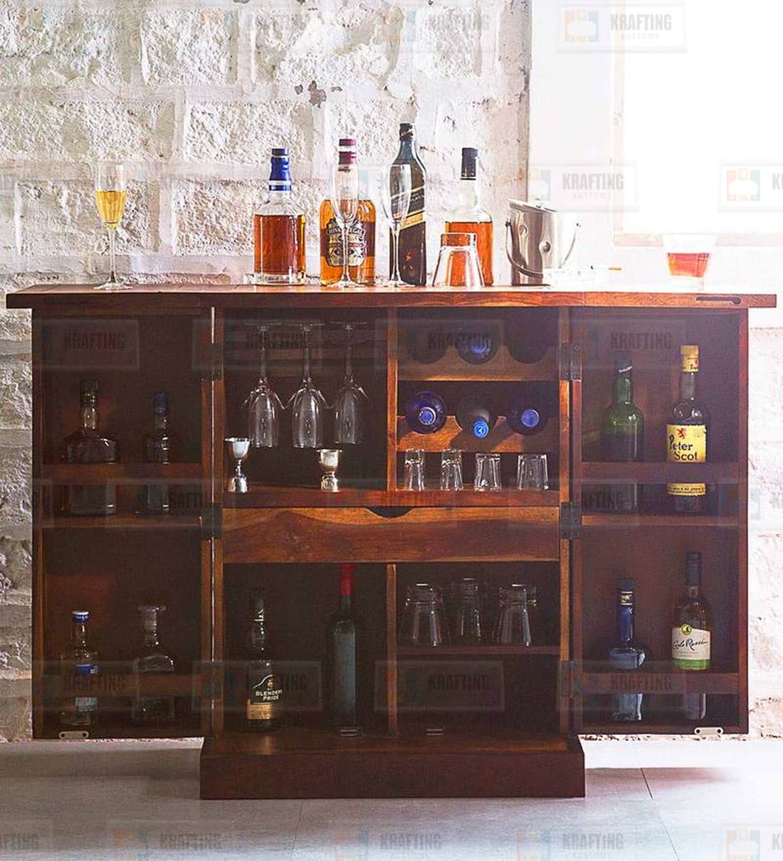 KD FURNITURES Bar Cabinet || Bar Cabinet for Home || Home Bar Furniture || Wood Bar Cabinet with Storage || Bar Cabinet for Living Room || Wine Rack with Drawer || Honey Finish