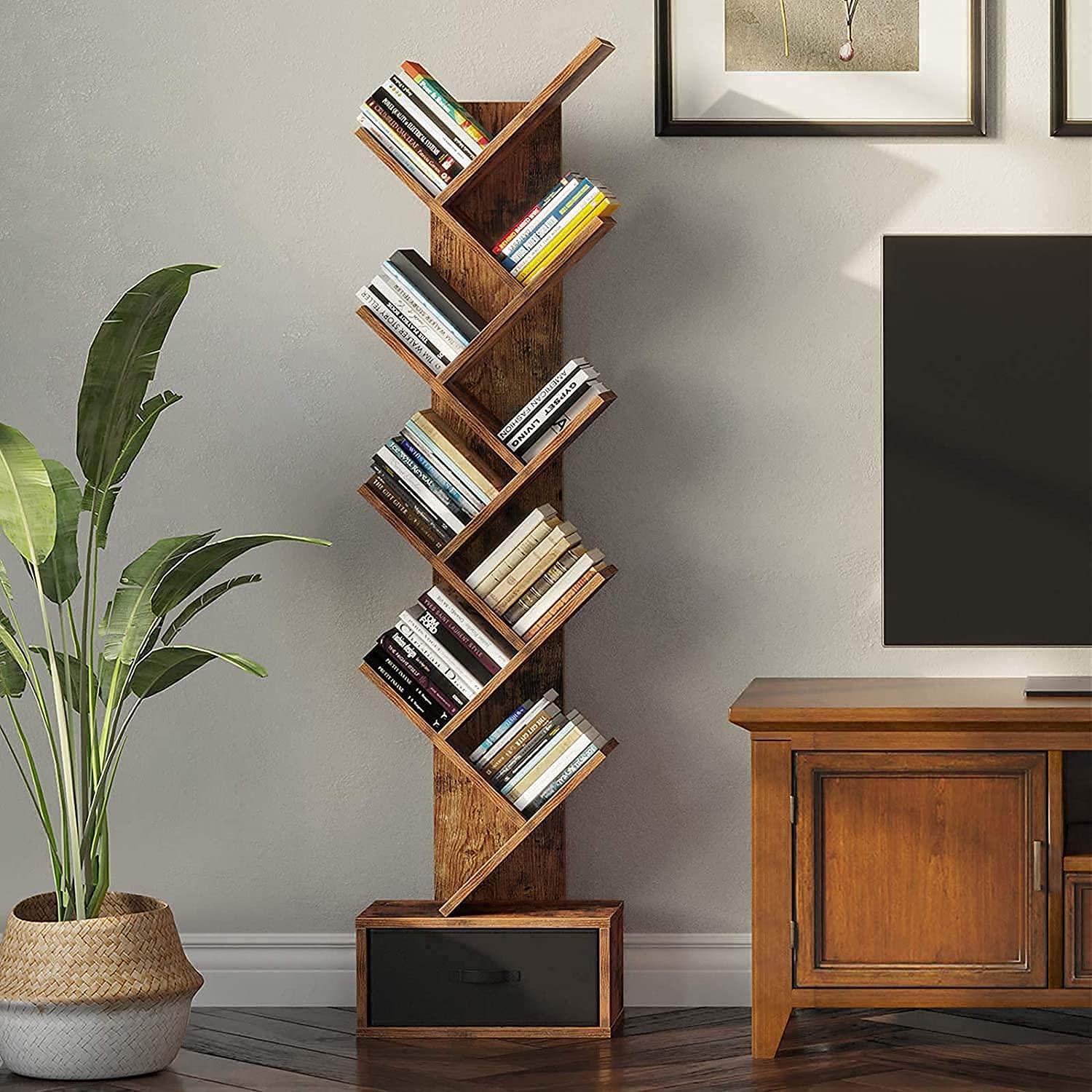 WoodMarwar Solid Sheesham Wood Book Shelf | Wooden Tree Shape Bookshelf | Free Standing Bookcase with Open 8 Shelf & One Drawer Storage | Tall Display Unit Book Stand |Rosewood, Honey Brown Finish