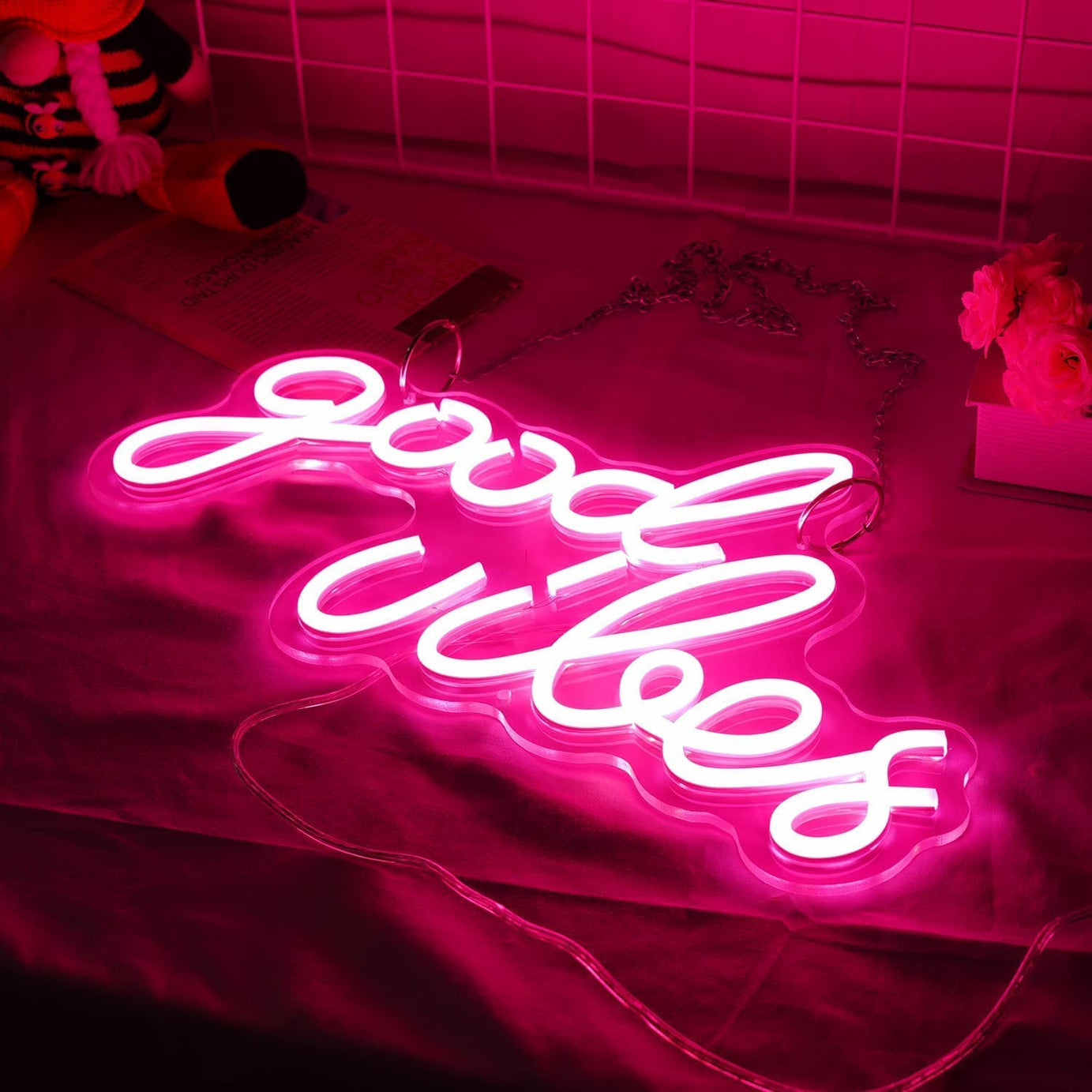 GANDHI METAL CRAFTS Gifts Gallery Neon Sign Good Vibes Led Wall Signs | Neon Lights For Bedroom| Bar| Party| Game Room Decor | 16 X 9 Inches | Pink