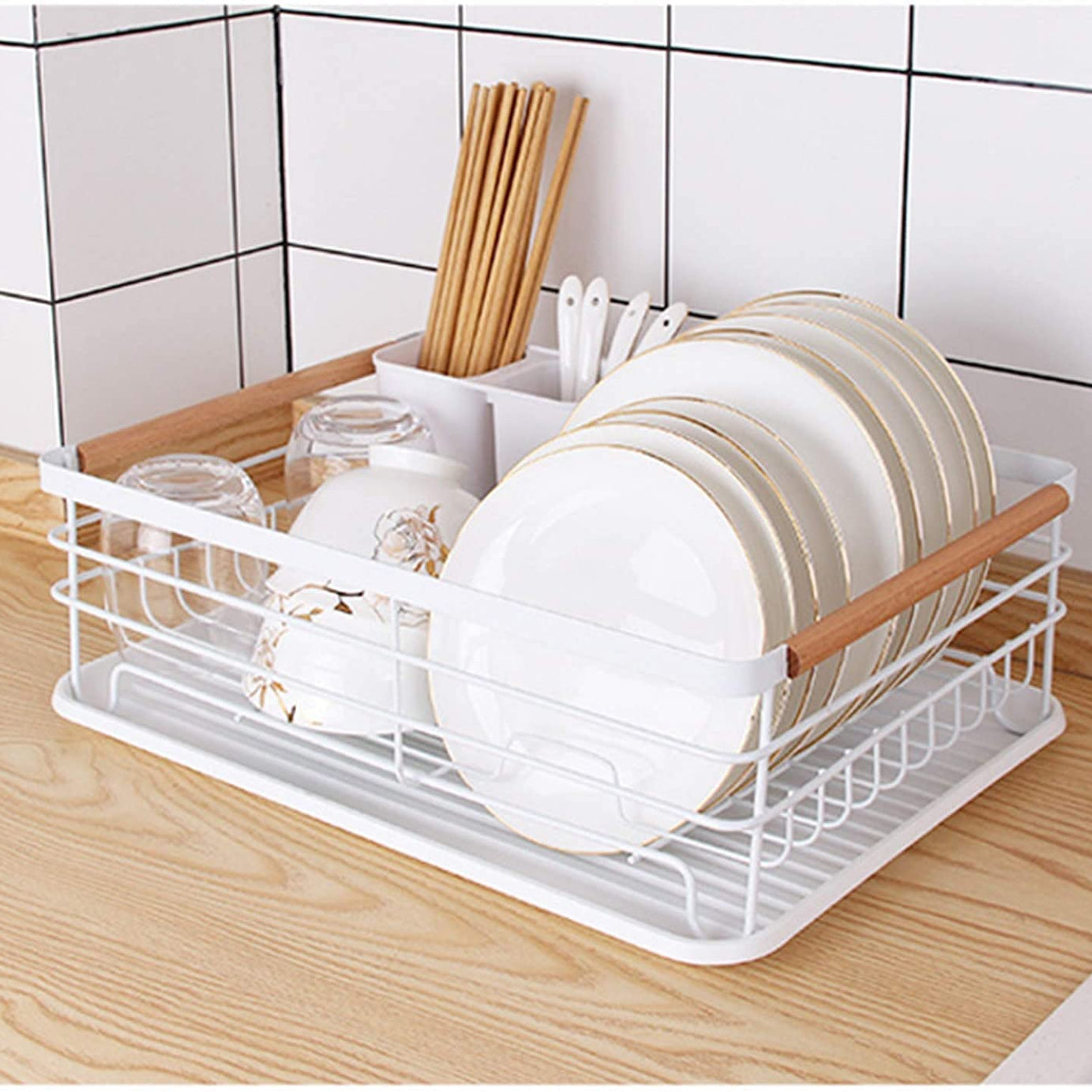 PAGASUS Modern Wood Handle Dish Rack and Drain Board, Kitchen Plate Cup Dish Drying Rack Tray Cutlery Dish Drainer