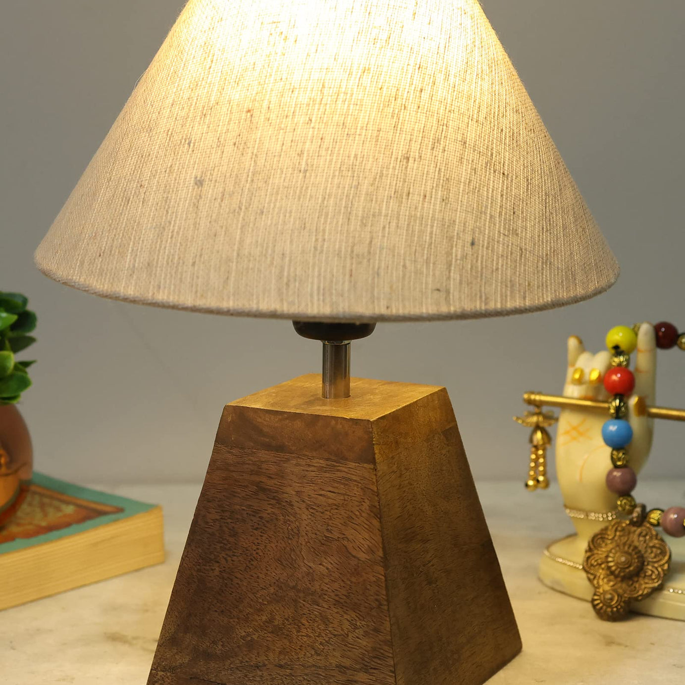 Homesake Wood Table Lamp, Modern Base Fabric Lampshade For Home Office Cafe Restaurant, Pyramid, (Brown) - Incandescent