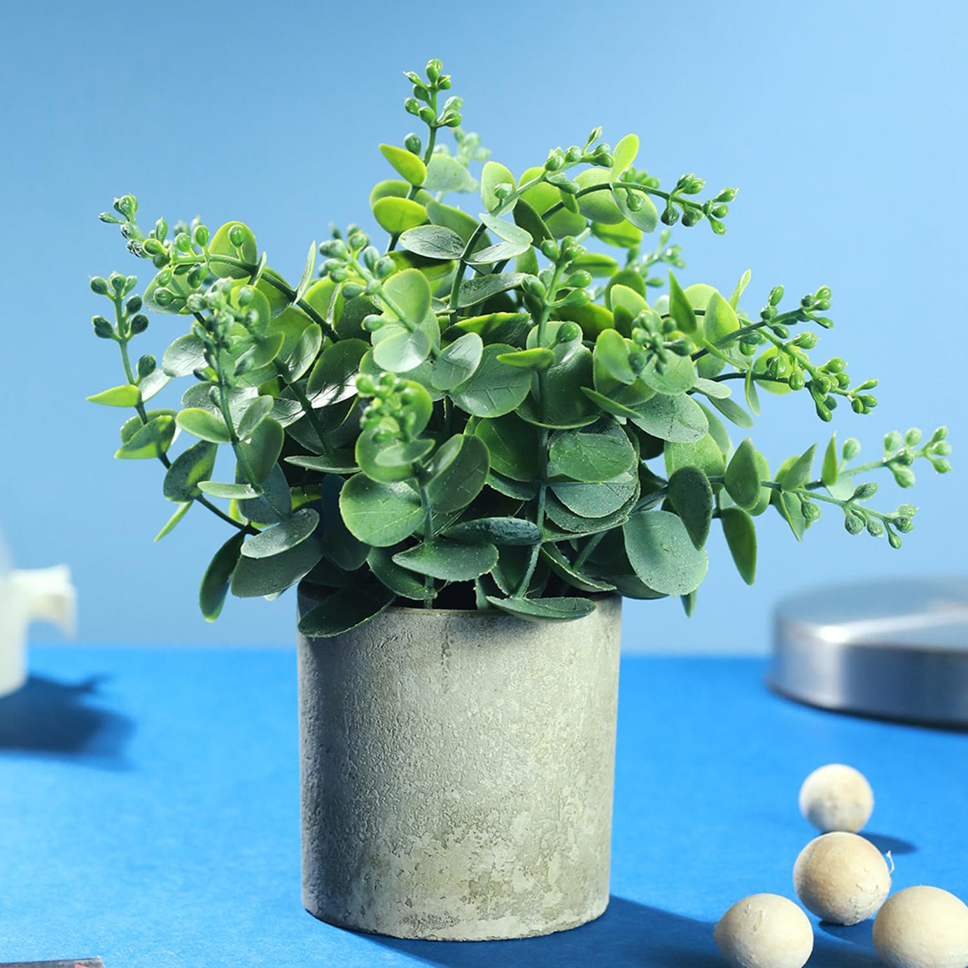 TIED RIBBONS Artificial Eucalyptus Gingko Leaves Plants Flowers with Pot Vase (Plastic, 24 cm x 10 cm) Decorative Items for Home Decor Living Room Office Bedroom Table Decoration