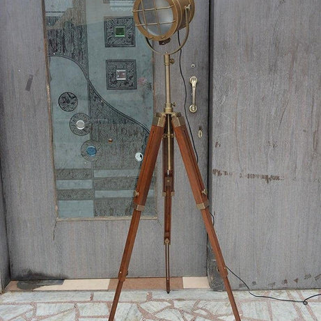 OVERSEAS MART Nautical Floor Spotlight With tripod Stand Metal Tripod Floor Lamp with Spot Light Antique Brown Finish for Home & Office with Holder Decorative Spotlight Lamp