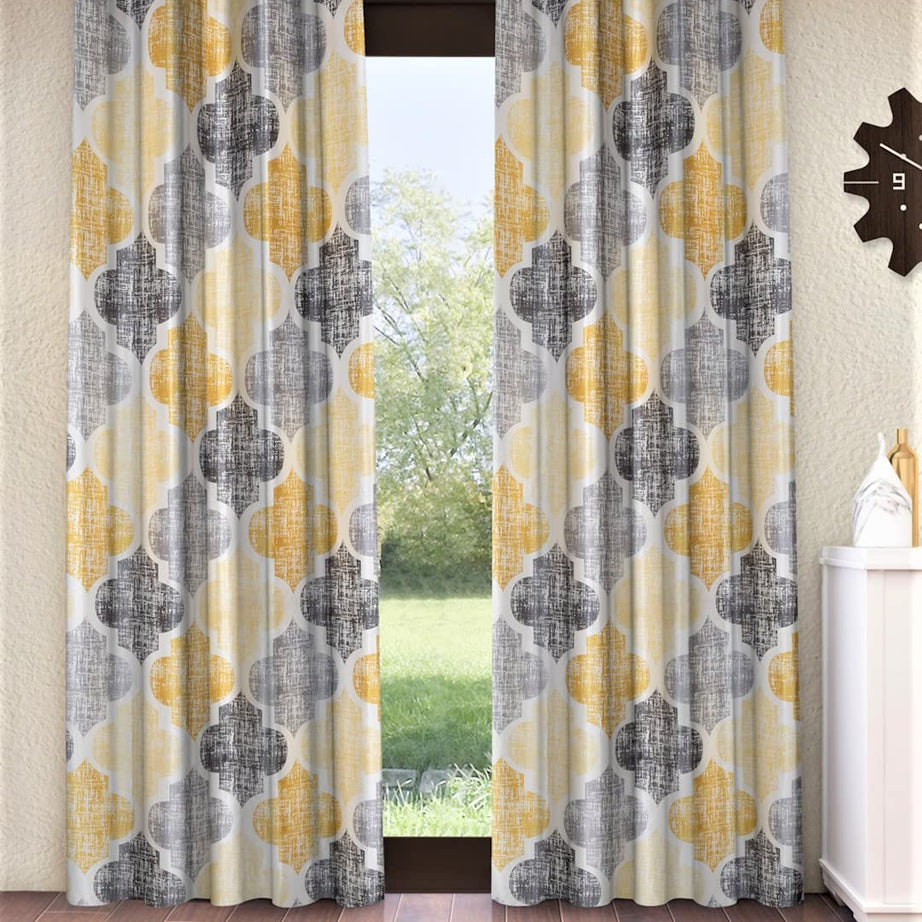 Home Sizzler 2 Piece Moroccan Motif Eyelet Glace Cotton Semi Sheer Door Curtains 7 Feet, Yellow, Eyelet,Grommet Curtains