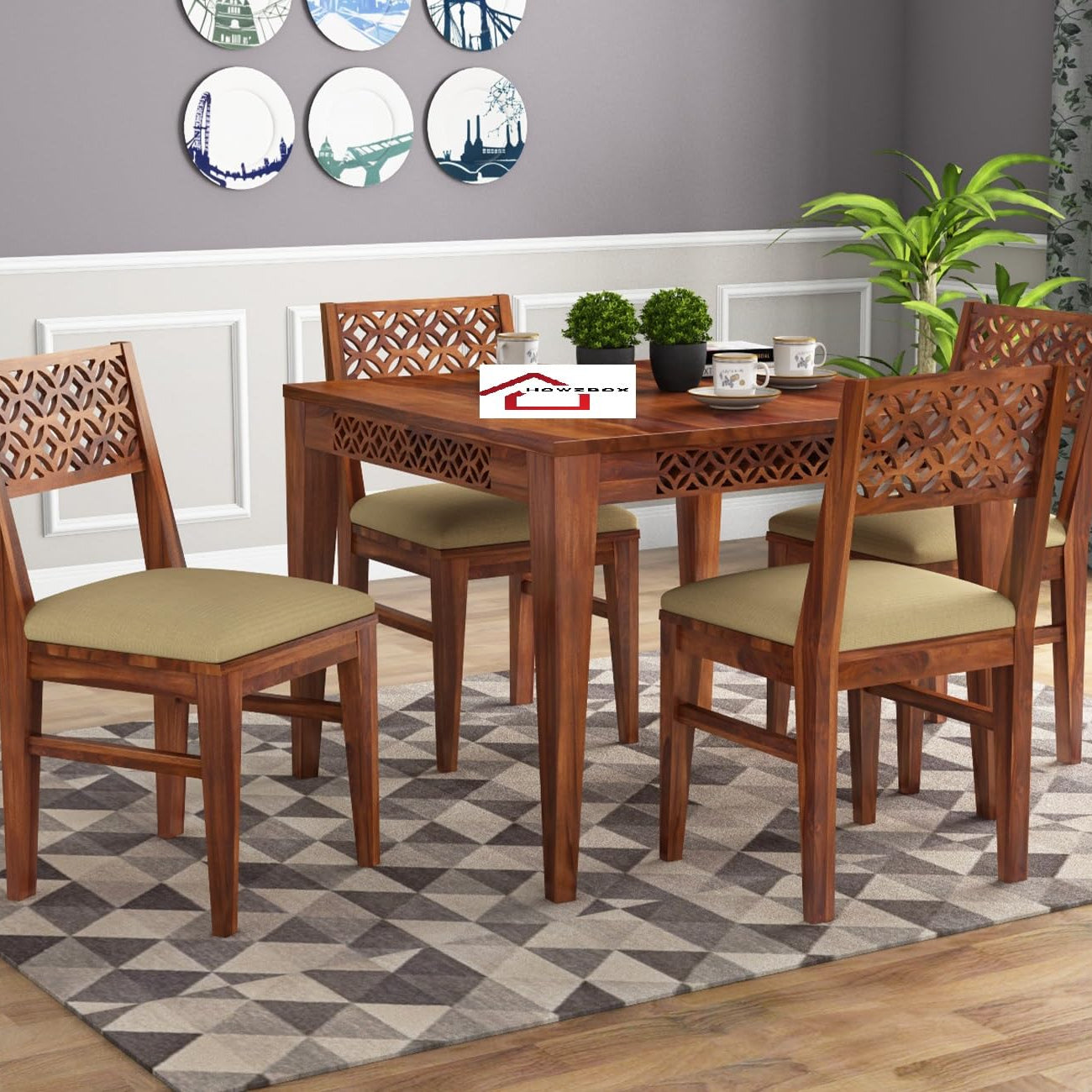 HOWZBOX Wooden Dining Table 4 Seater | Square 4 Seater Dining Table Set | Four Chairs with Cushion | Soild Wood Sheesham, Honey Finish