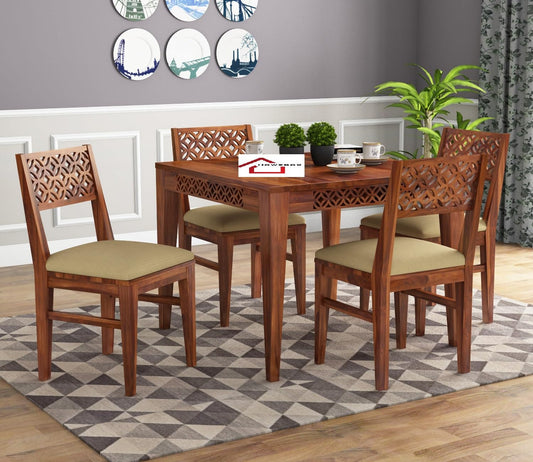 HOWZBOX Wooden Dining Table 4 Seater | Square 4 Seater Dining Table Set | Four Chairs with Cushion | Soild Wood Sheesham, Honey Finish