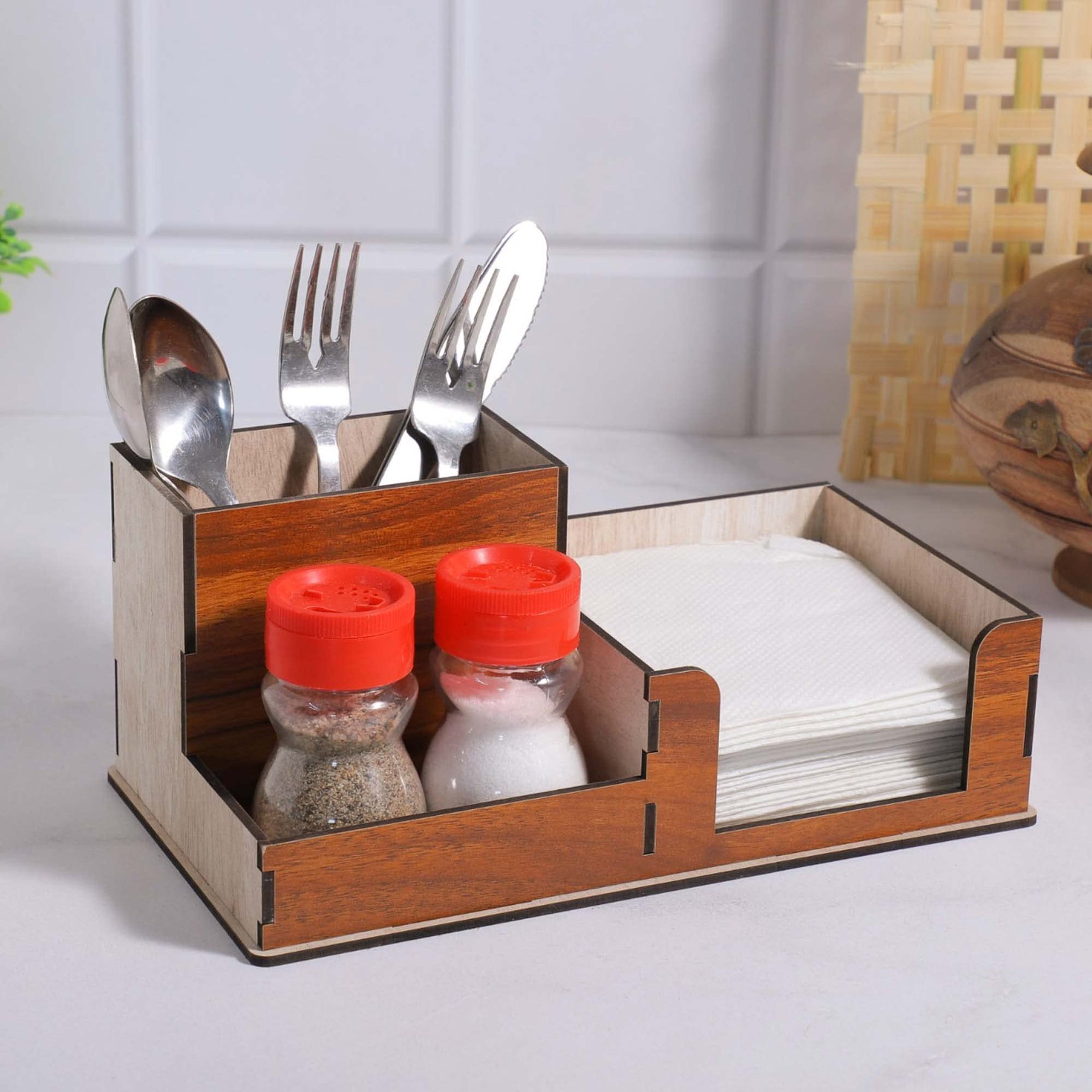 Deskart Kitchen Cutlery Holder | Spoon, Fork, Knife, Napkin Tissue And Salt Pepper Organizer Stand For Home & Kitchen, Resturant, Cafe Dining Table Wooden MDF Dining Table Organizer (Modern)