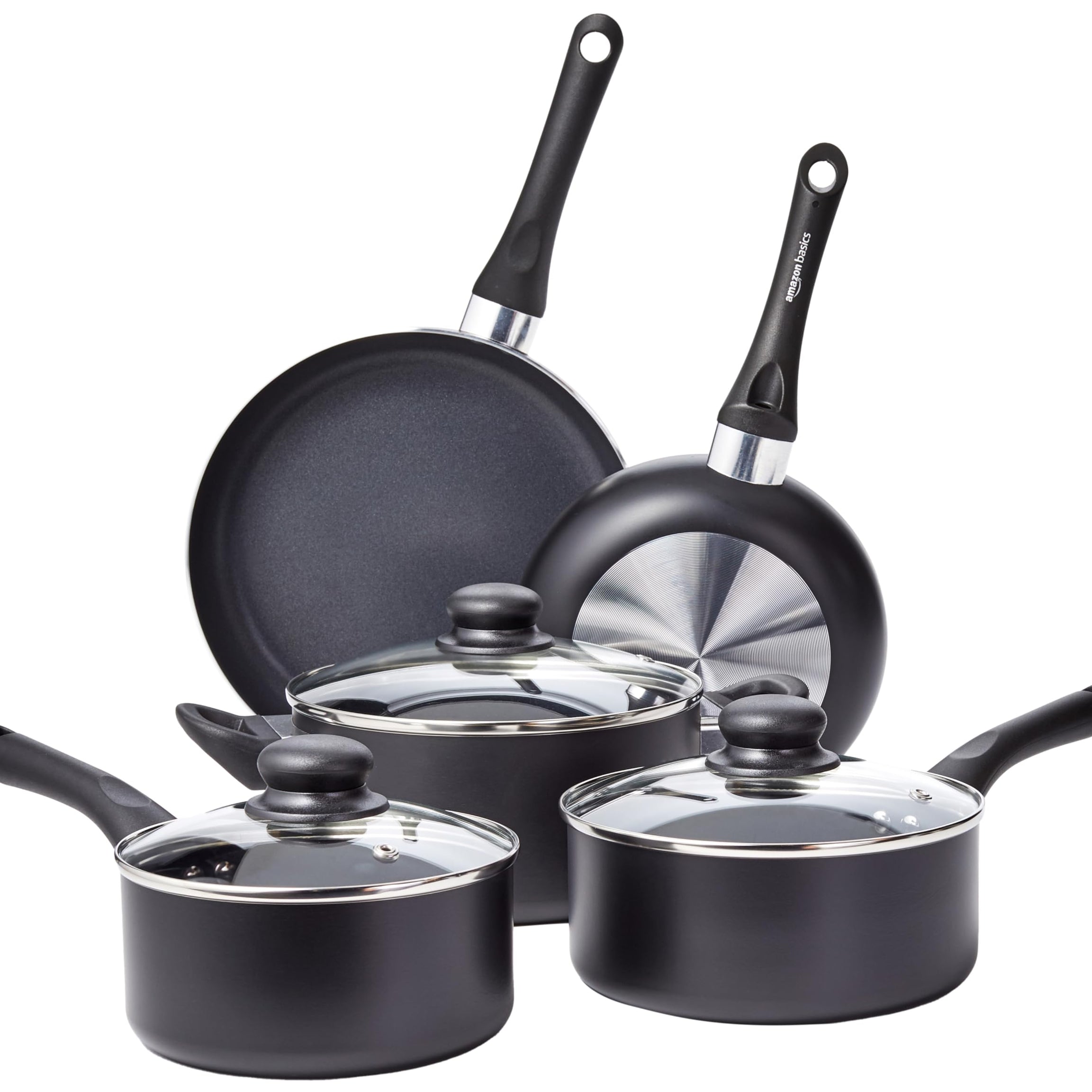 Amazon Basics 8-Piece Non-Stick Cookware Set| 2-Way 3 Layer Non-Stick Coating | PFOA Free | High Temperature Resistant Exterior Coating, Black,Aluminium