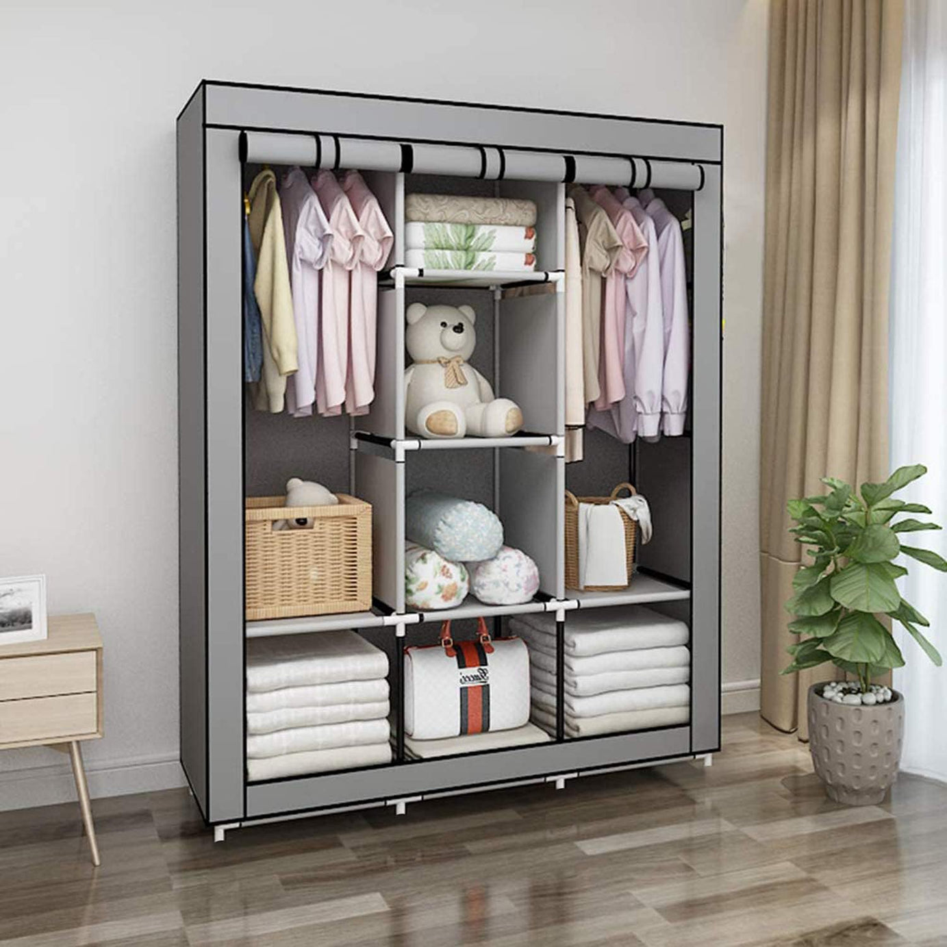 KYNE Collapsible Foldable Wardrobe 3-Door with 6+2 Shelves - almari Closet Clothes Wardrobe/Cabinet/Multipurpose Storage Rack, Fabric Organizer Portable and Durable Storage Solution for Home (Grey)