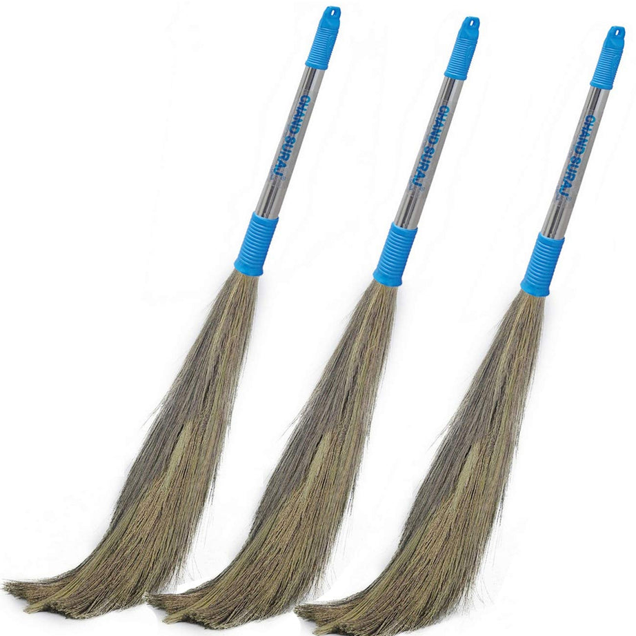 CHAND SURAJ Natural Grass and Stainless Steel 3 Pcs Pack of Stella Brooms for Floor Cleaning | Multicolour, Full, hard_floor, stainless_steel & Natural Grass