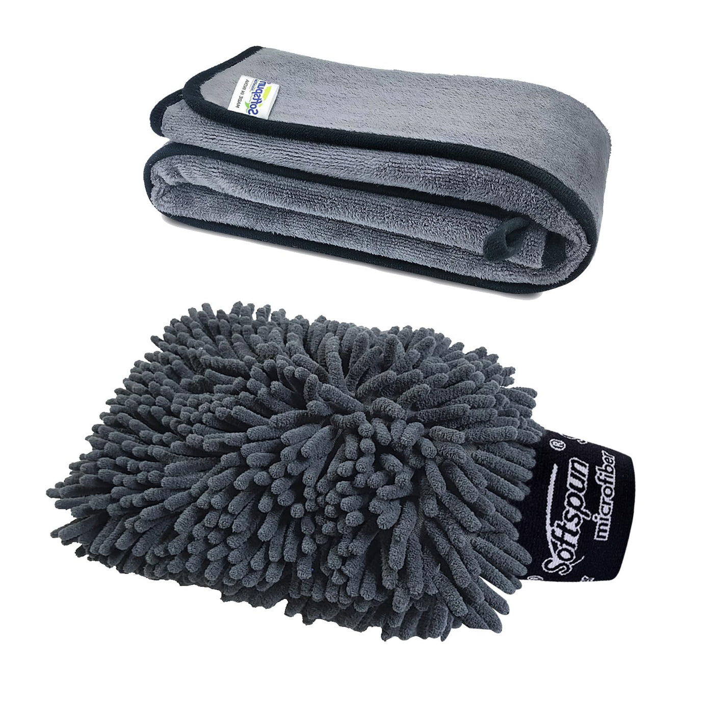 SOFTSPUN Microfiber Double-Side Gloves 1700 GSM with Towel 500 GSM 2 Piece Grey! Highly Absorbent Lint and Streak Free Multi -Purpose Wash Cloth for Kitchen Window Stainless Steel Silverware.