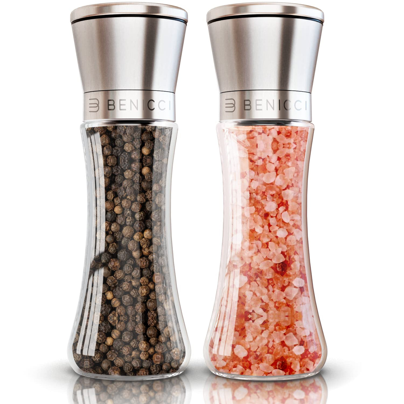 Beautiful Stainless Steel Salt and Pepper Grinder Set - Two 6 oz Refillable Salt & Pepper Shakers with Adjustable Coarse Mills - Easy Clean Ceramic Grinders with BONUS Silicone Funnel & Cleaning Brush