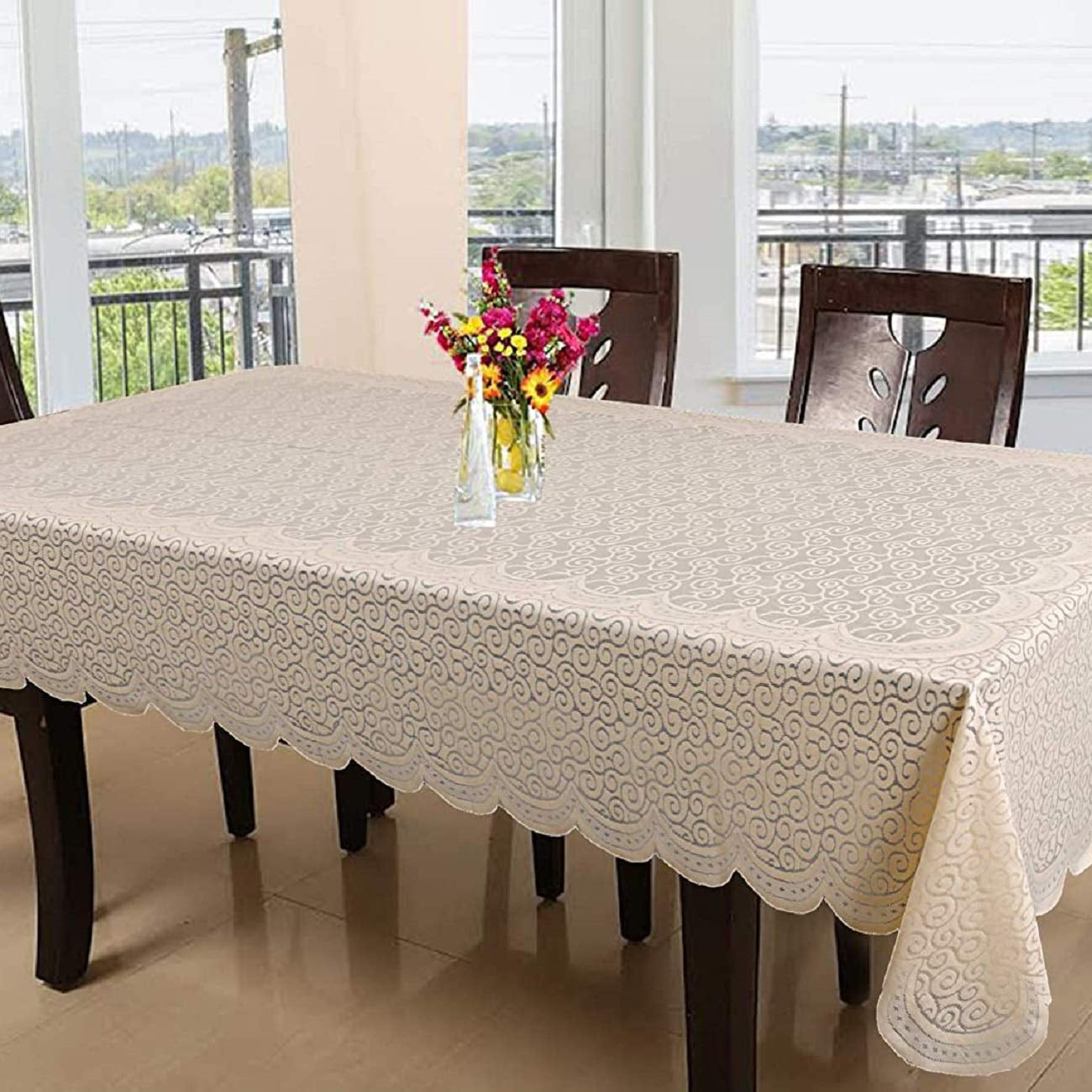 Kuber Industries Dining Table cover 6 Seater|Table Cloth|Table Cover for Home, Restaurant| Zig Zag Design Cotton|Cream