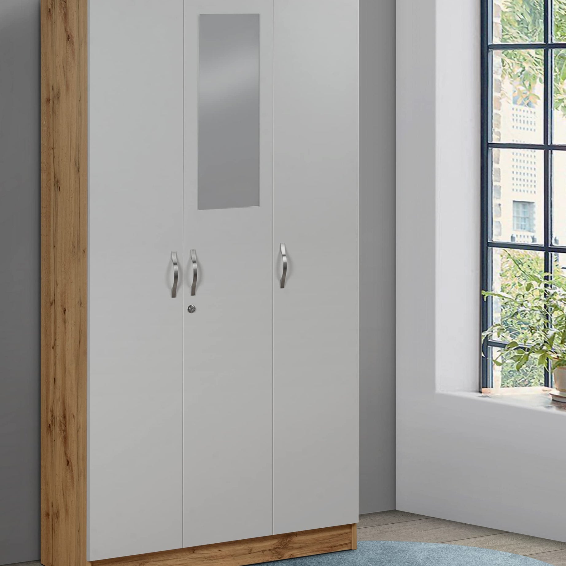 DeckUp Plank Cove 3-Door Engineered Wood Wardrobe with Mirror (Wotan Oak and White, Matte Finish)