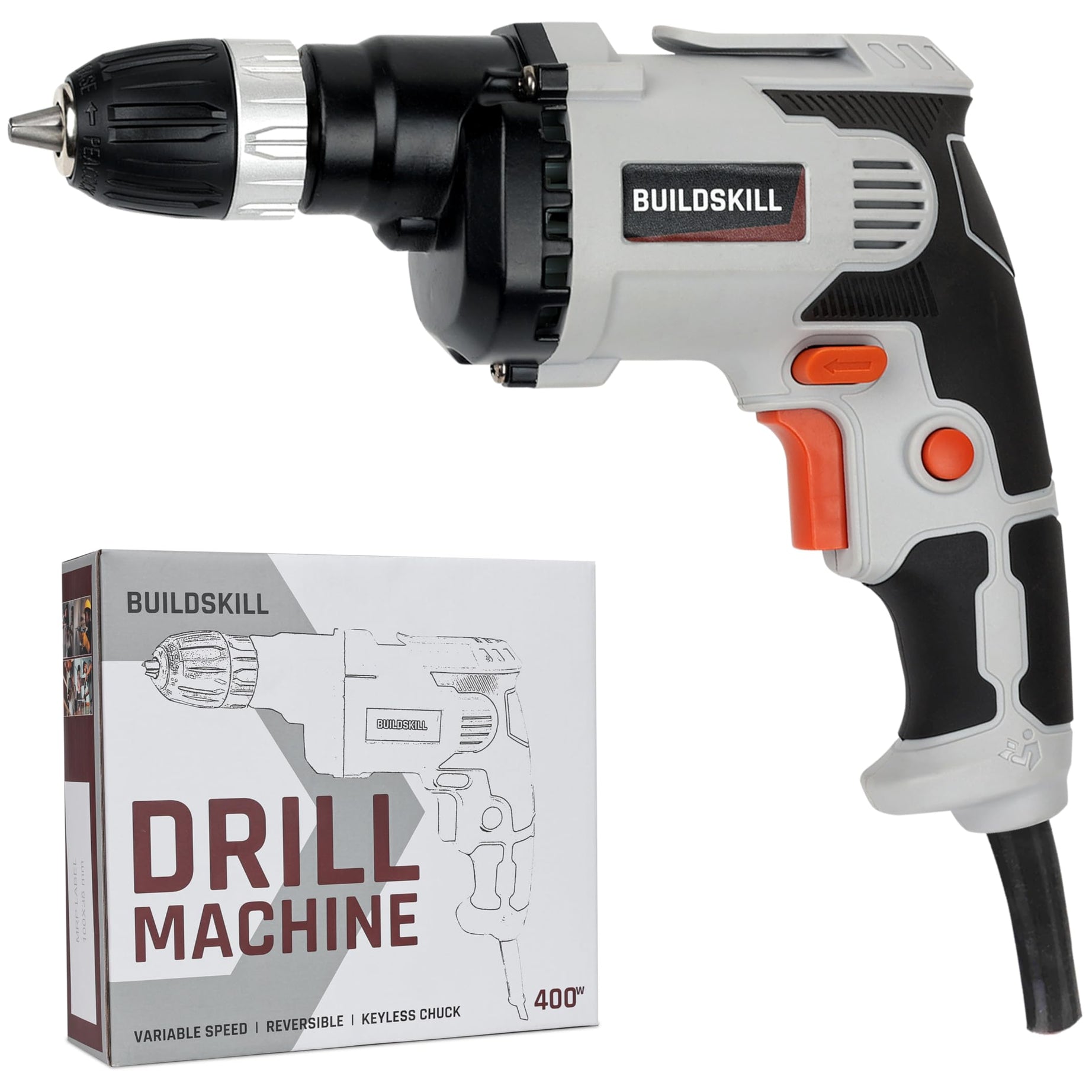 Buildskill 400W 10mm Drill Machines for Home Use with Reverse/Forward Rotation, Continuous Lock, Lightweight Design - Keyless Chuck Drilling Machine for Repairs & Projects