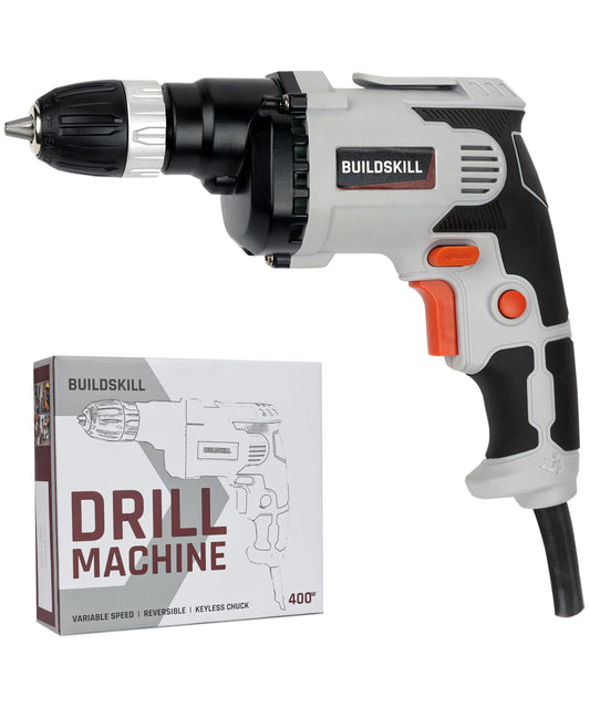 Buildskill 400W 10mm Drill Machines for Home Use with Reverse/Forward Rotation, Continuous Lock, Lightweight Design - Keyless Chuck Drilling Machine for Repairs & Projects