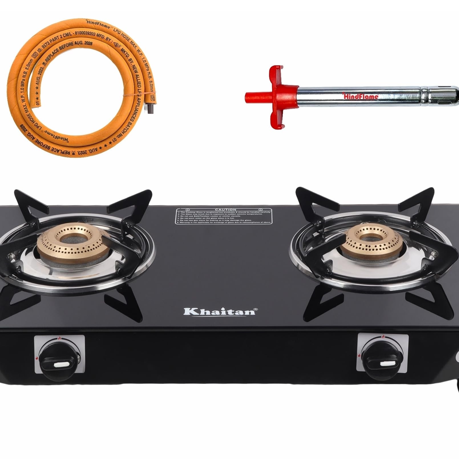 Khaitan Gas Stove Combo - One 2 Burner Nano Gas Stove + 1 Gas Lighter + 1 LPG Hose Pipe