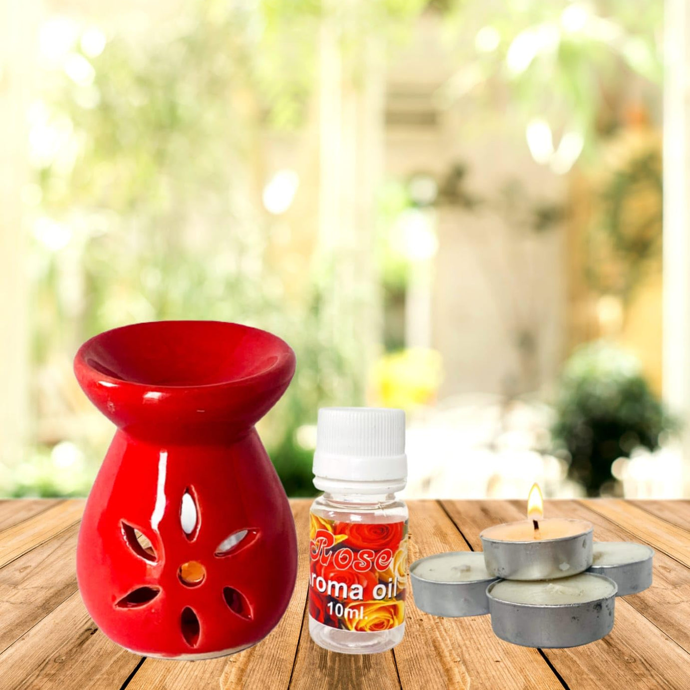 Naturre Art T-Light Aroma Diffuser with 10 ml Aroma Oil Fragrance Aroma Therapy Diffuser with Aroma Oils with 4 Candles Design 02 (Red, Rose Fragrance 10ml Each).