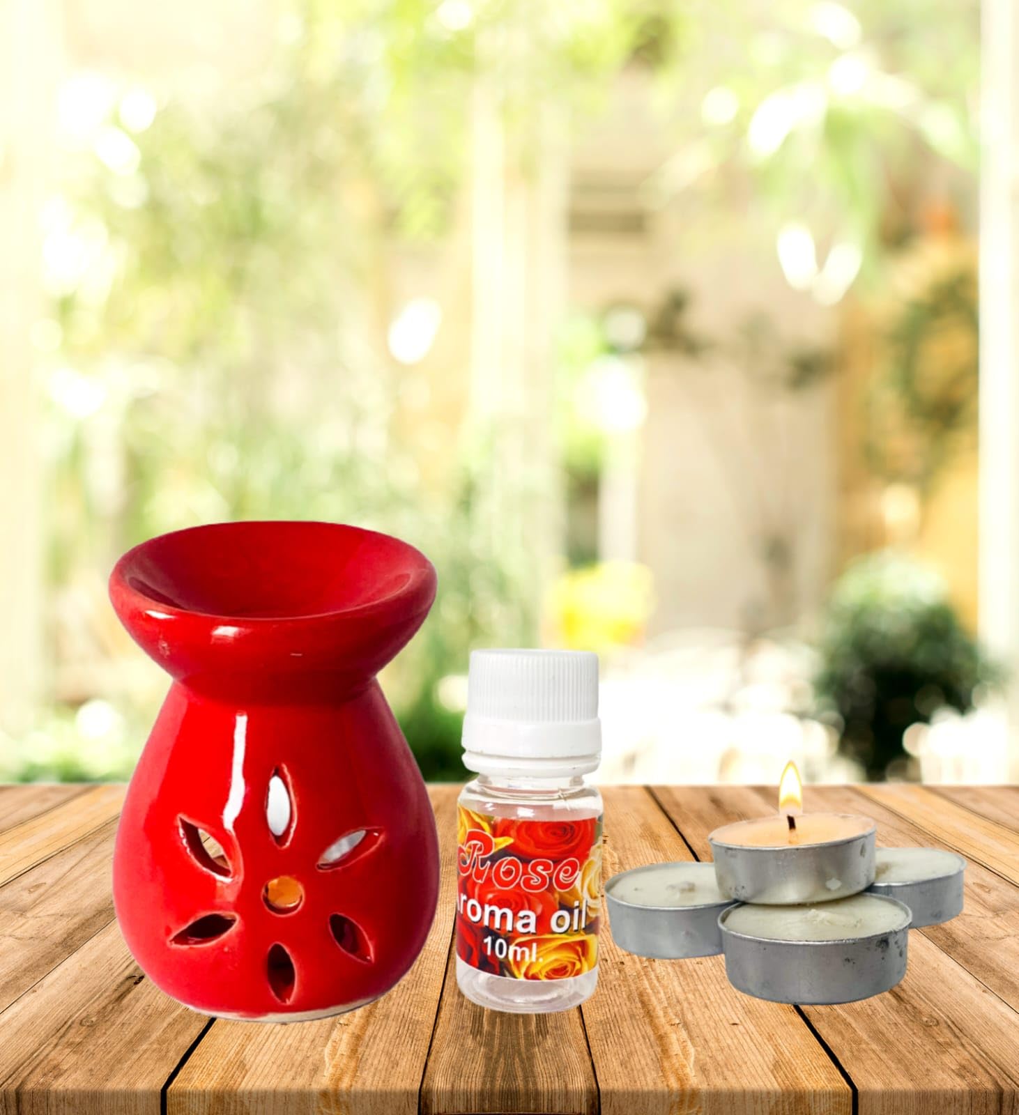 Naturre Art T-Light Aroma Diffuser with 10 ml Aroma Oil Fragrance Aroma Therapy Diffuser with Aroma Oils with 4 Candles Design 02 (Red, Rose Fragrance 10ml Each).