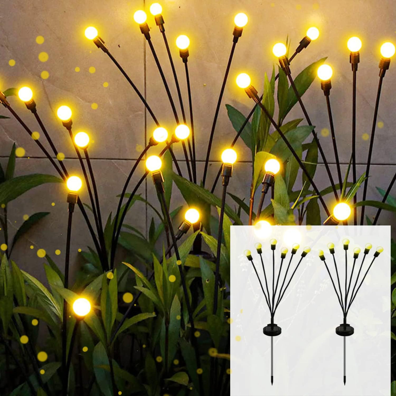 AAOVEFOX Plastic 2 Pack Solar Powered Firefly LED Lights Waterproof,Solar Starburst Swaying Lights When Wind Blows,Solar Outdoor Decor Lights For Garden,Landscape,Pathway,Yard,Deck,Patio(Warm White)