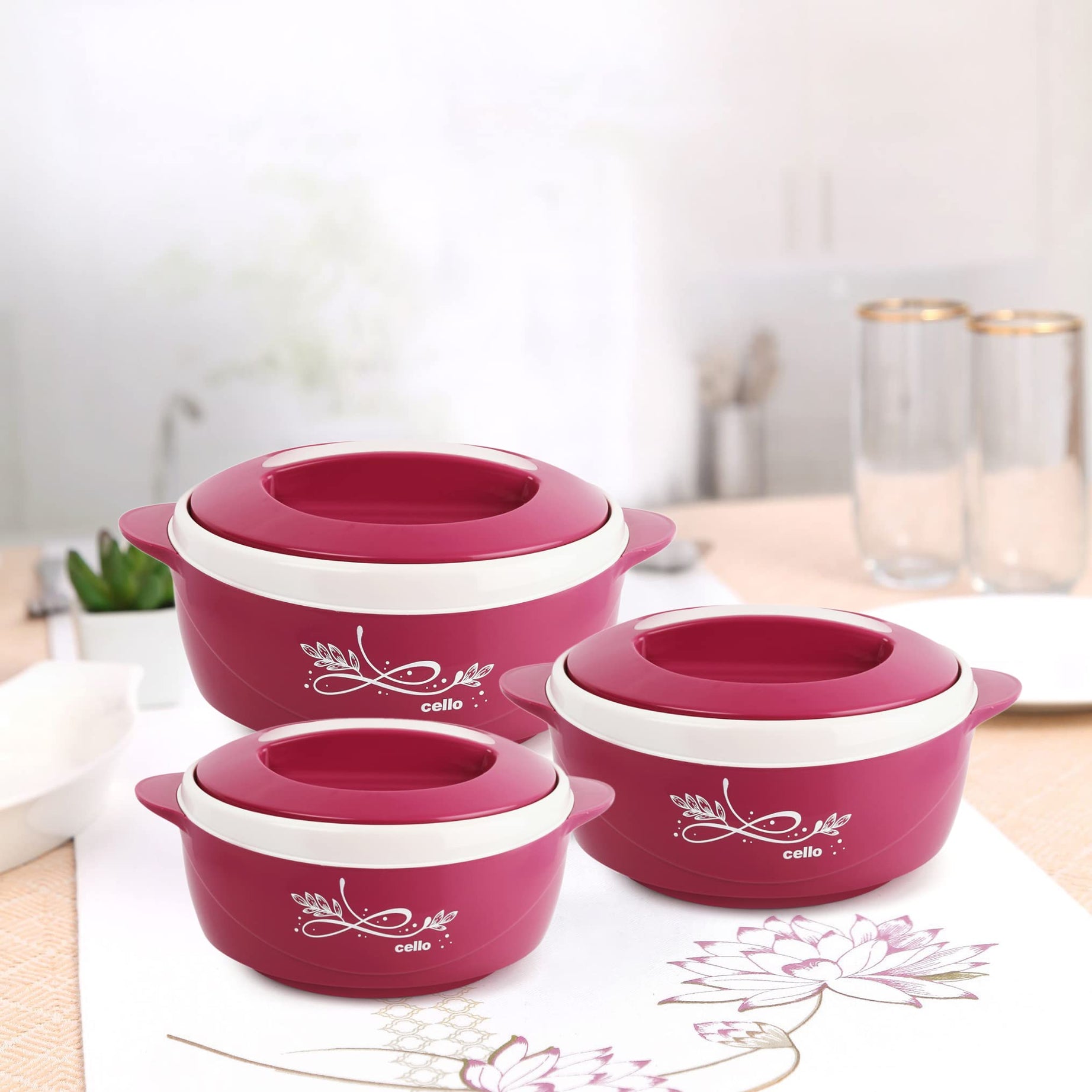 CELLO Sapphire Insulated Inner Steel Casserole | Set of 3 (500ml, 1000ml, 1500ml), Pink | Firm Twist Lock | Ideal for Parties or for Daily use to Keep Your Roti/chappati, Rice or Vegetables