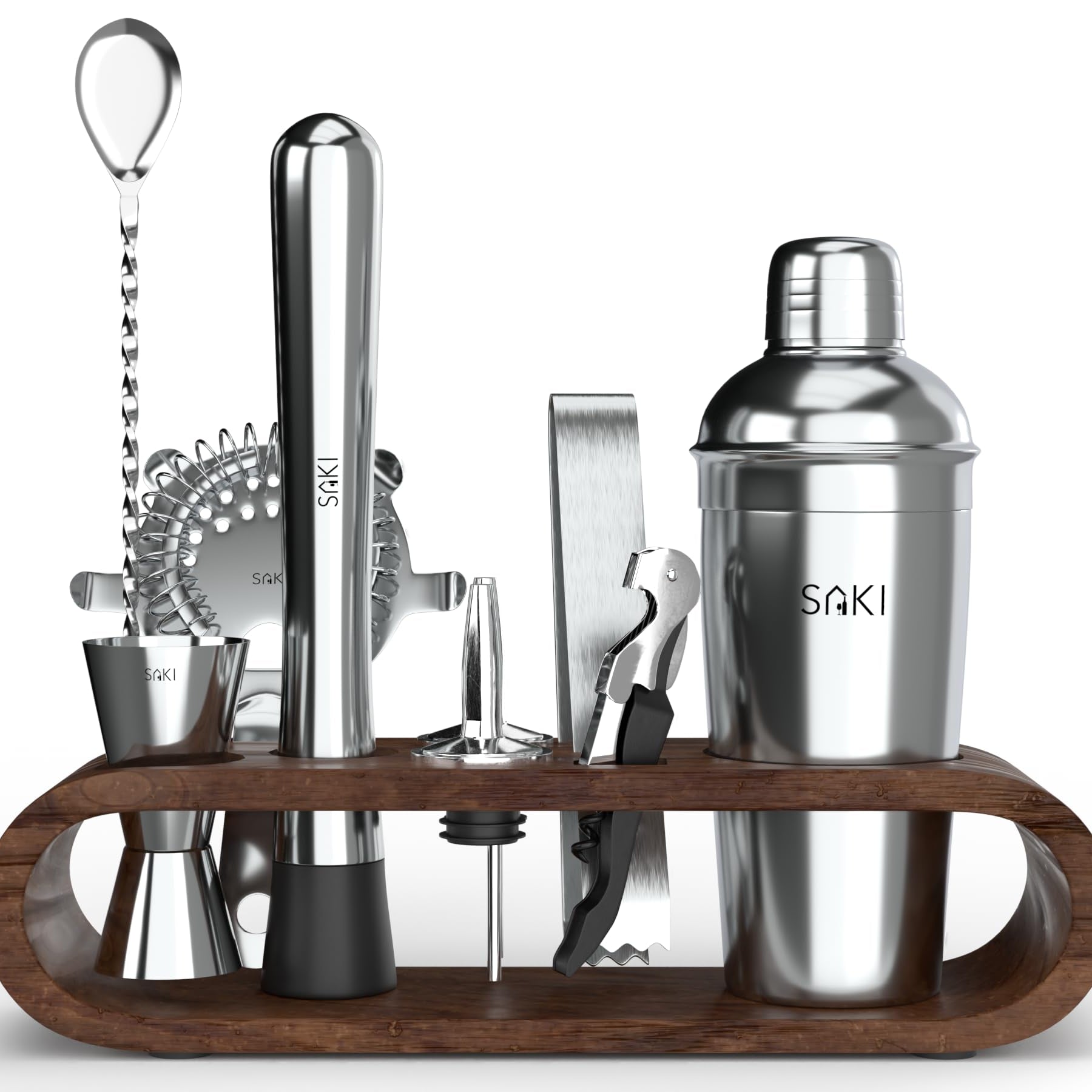 Saki Home Decor Stainless Steel Cocktail Shaker Gift Set with Stand - 10-Piece, Bartender Kit : Drink Shaker, Spoon, Jigger, Muddler, Strainer, Bottle Opener, Stopper,Pour Spouts, Stirrers, Tongs