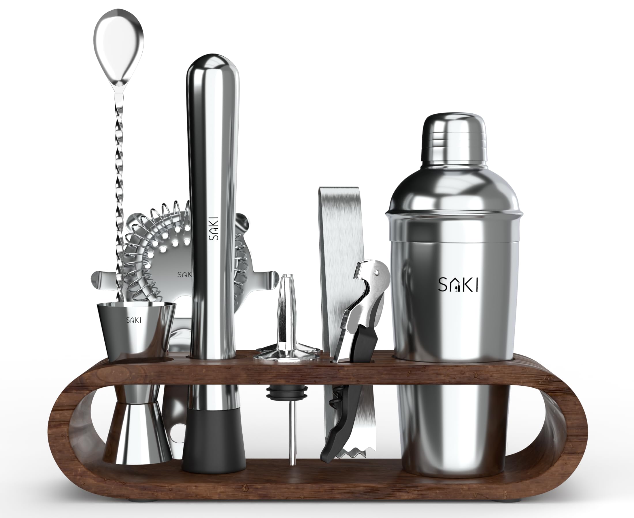 Saki Home Decor Stainless Steel Cocktail Shaker Gift Set with Stand - 10-Piece, Bartender Kit : Drink Shaker, Spoon, Jigger, Muddler, Strainer, Bottle Opener, Stopper,Pour Spouts, Stirrers, Tongs