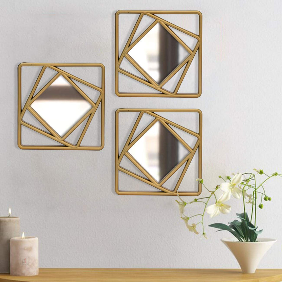 Art Street Golden Set of 3 Square Shape Decorative Wall Mirror for Home Decoration, Wall Decoration-10 X 10 Inches, Framed