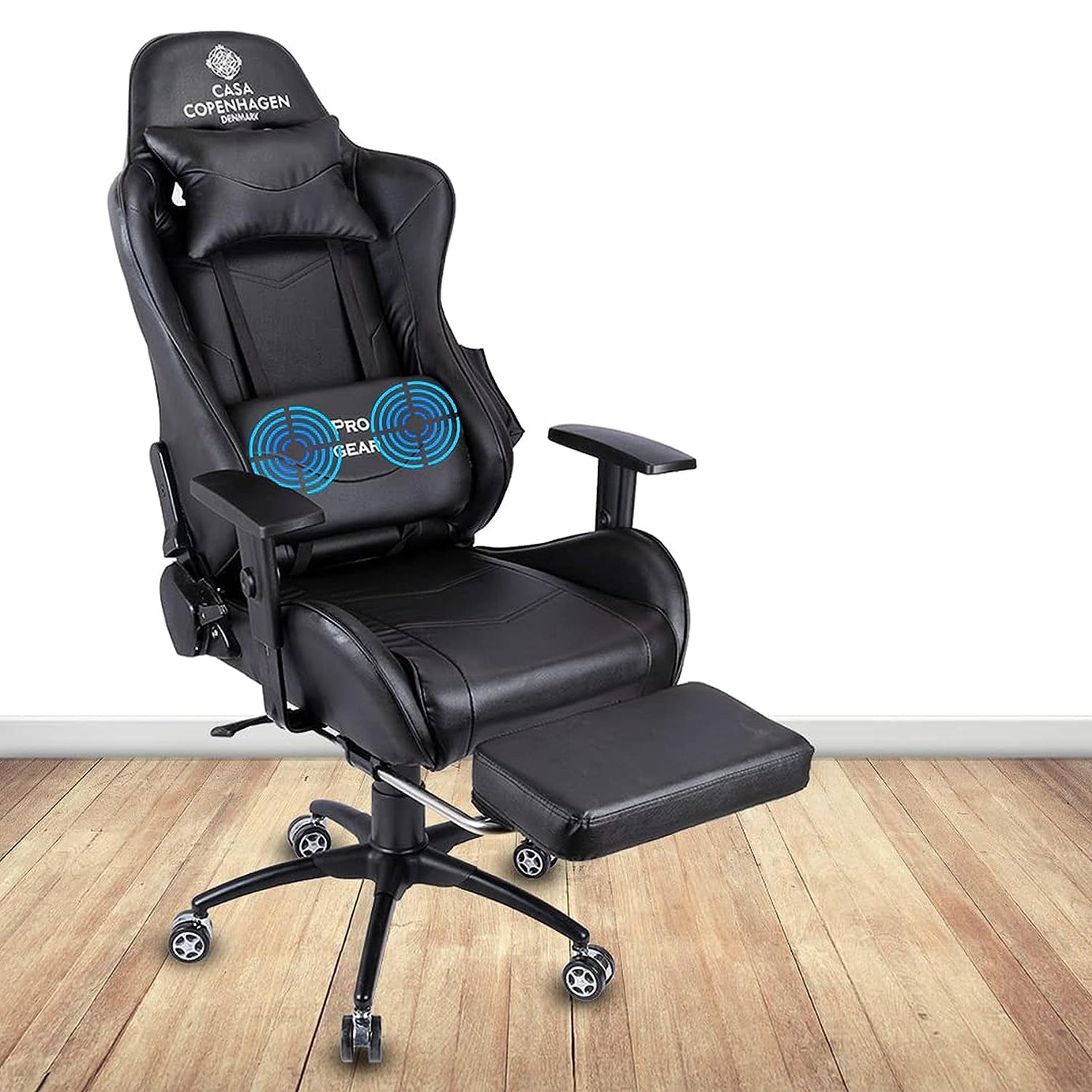 Casa Copenhagen Racing, High-Back Italian Leather Gaming Ergonomic Chair with Advanced Mechanism & Electric Back Massager, Luxurious Memory Foam Seating & Multi Function Arm-Rest - Black