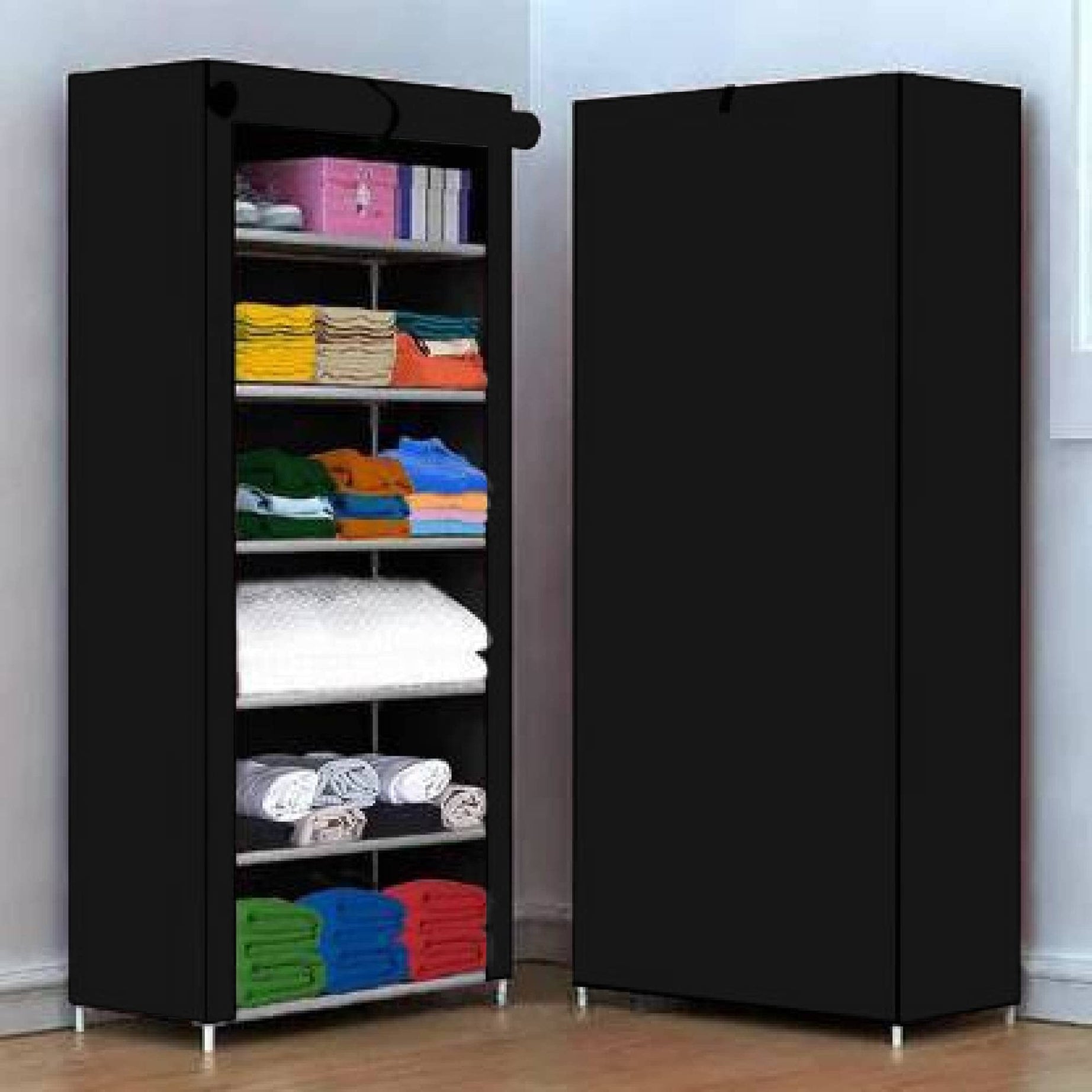 Danzera Multipurpose Baby Wardrobe/Cabinet/Multipurpose Storage Rack, Foldable, Collapsible Fabric Wardrobe Organizer for Clothes (Plastic and Non Woven Fabric) (6-Layer, Black)