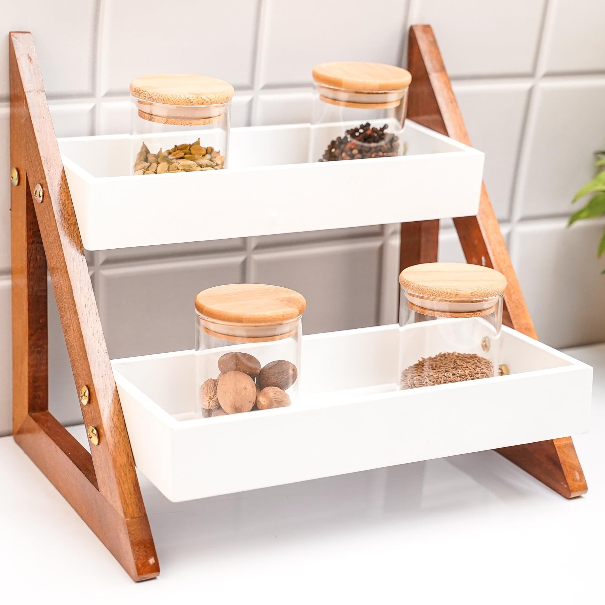 UHUD CRAFTS Multipurpose Wooden Triangluar Spice Rack | Kitchen Counter Top Organizer | 2-Tier Kitchen Storage Organizer Shelves | Jars and Bottle Holder & Kithen Decor Item