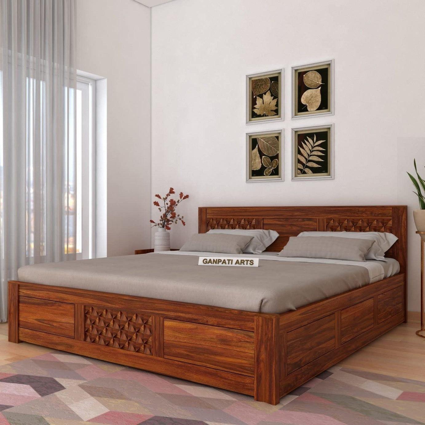 Ganpati Arts Solid Sheesham Wood Queen Size Raj Bed with Box Storage for Home Wooden Double Beds for Living Room Bedroom (Natural Finish) 1 Year Warranty