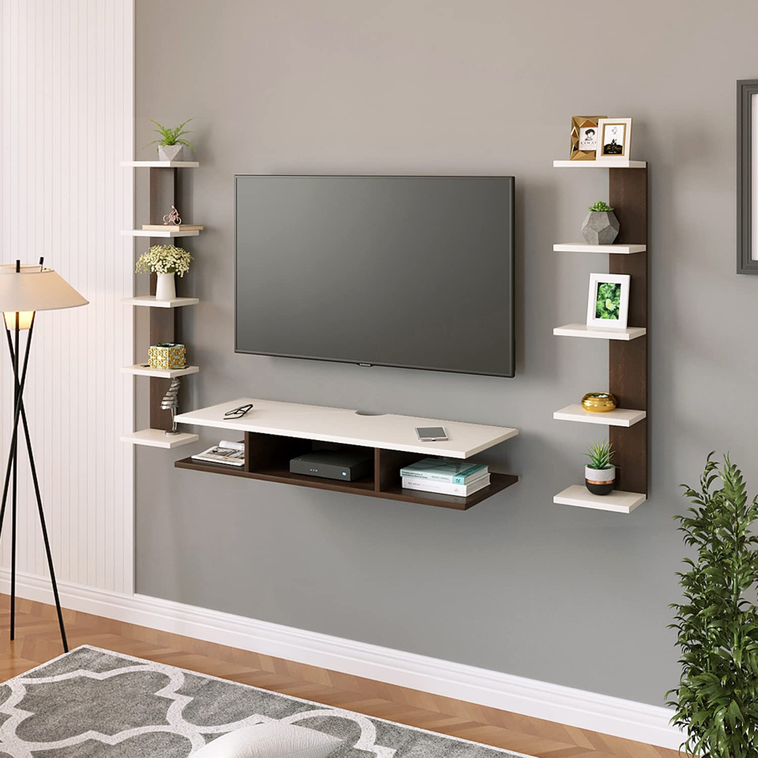 BLUEWUD Estoye Standard Engineering Wood Wall Mount TV Entertainment Unit Set Top Box Stand/TV Cabinet with shelves for books & Décor display Unit, Ideal for 50” (Wenge & White/DIY)