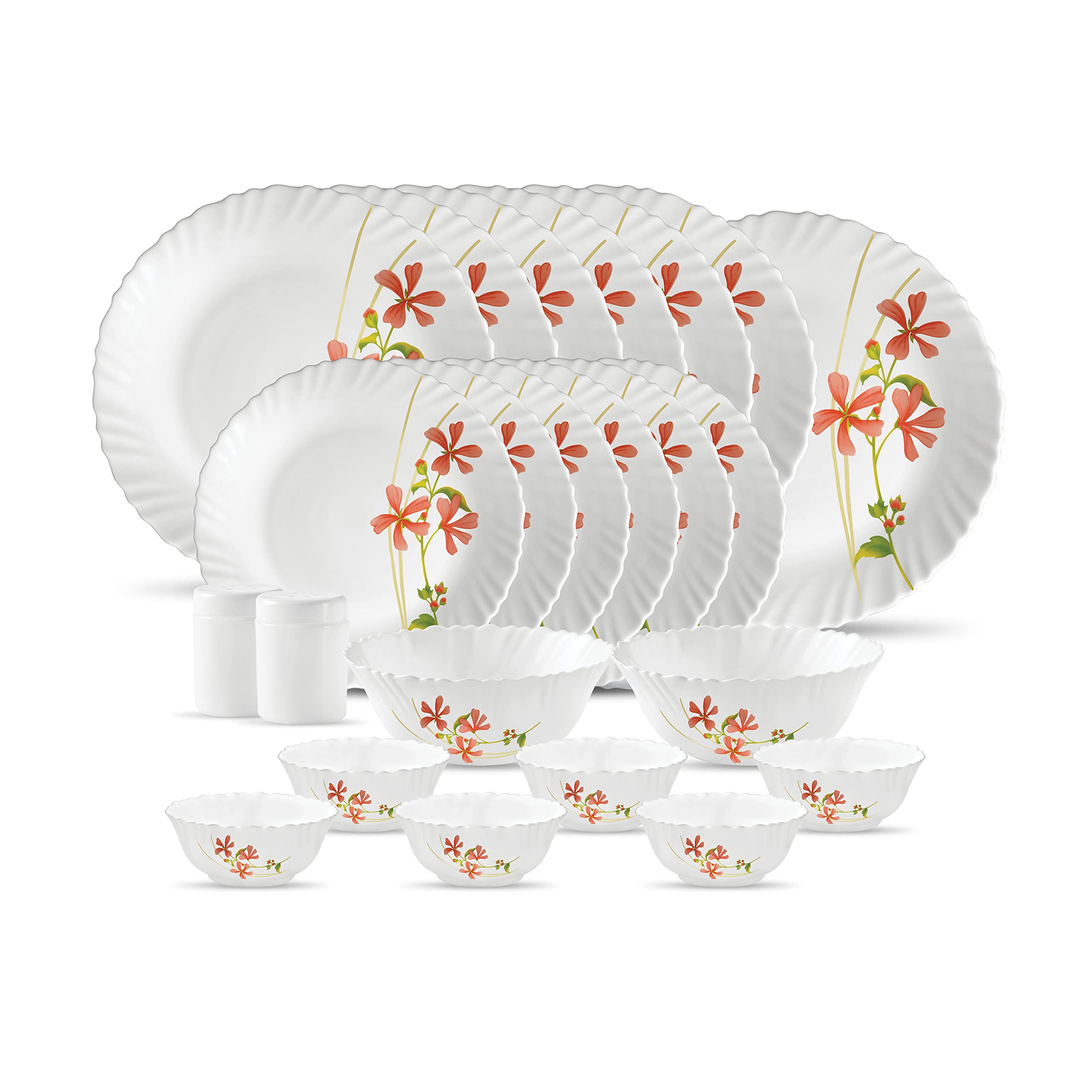 La Opala Novo Collection Opal Glass Crockery | for Family of 6 | Dinner Set 23 pcs Coral Charm | Plates & Bowls for Dining | Microwave Safe | 100% Vegetarian | Extra Strong | Light & White