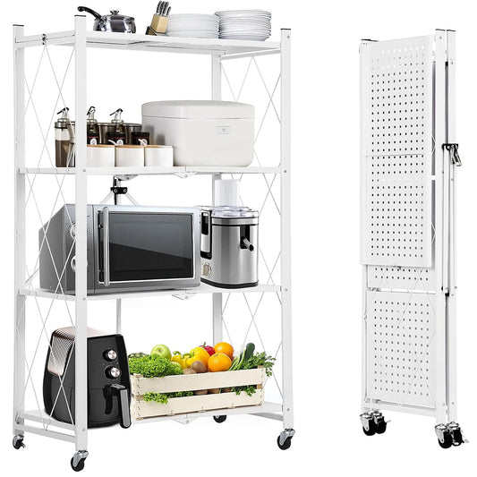 ABOUT SPACE Foldable Kitchen Storage Rack - 4 Tier Space Saving Metal Stand with Caster Wheels Crockery Unit Multifunctional Movable Microwave Stand Trolley -Upto 120Kg (White- L 69 x B 31 x H 127 cm)