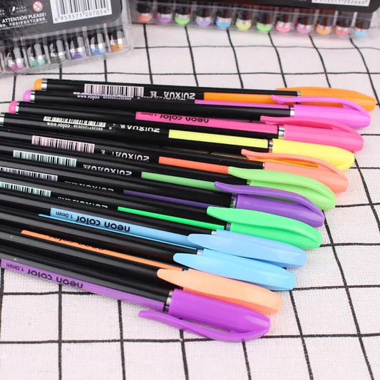 GLUN 12Pcs Neon Color Set Neon Metallic Fluorescence Highlighter Pastel Gel Pen For Art Sketch Doodle Painting Drawing Kids Gift