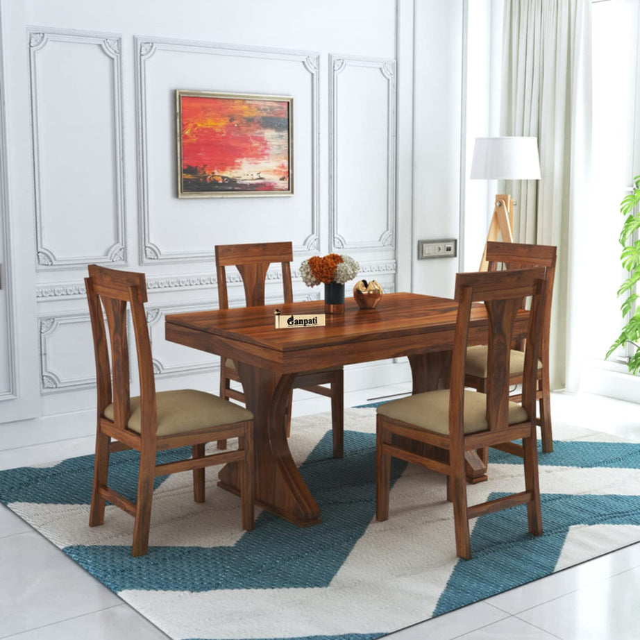 Ganpati Arts Solid Sheesham Wood 4 Seater MR Dining Table with Cushioned Chair Sets for Dining Room Rectangular Dinner Table Set for Living Room Home - (Natural Finish) 1 Year Warranty