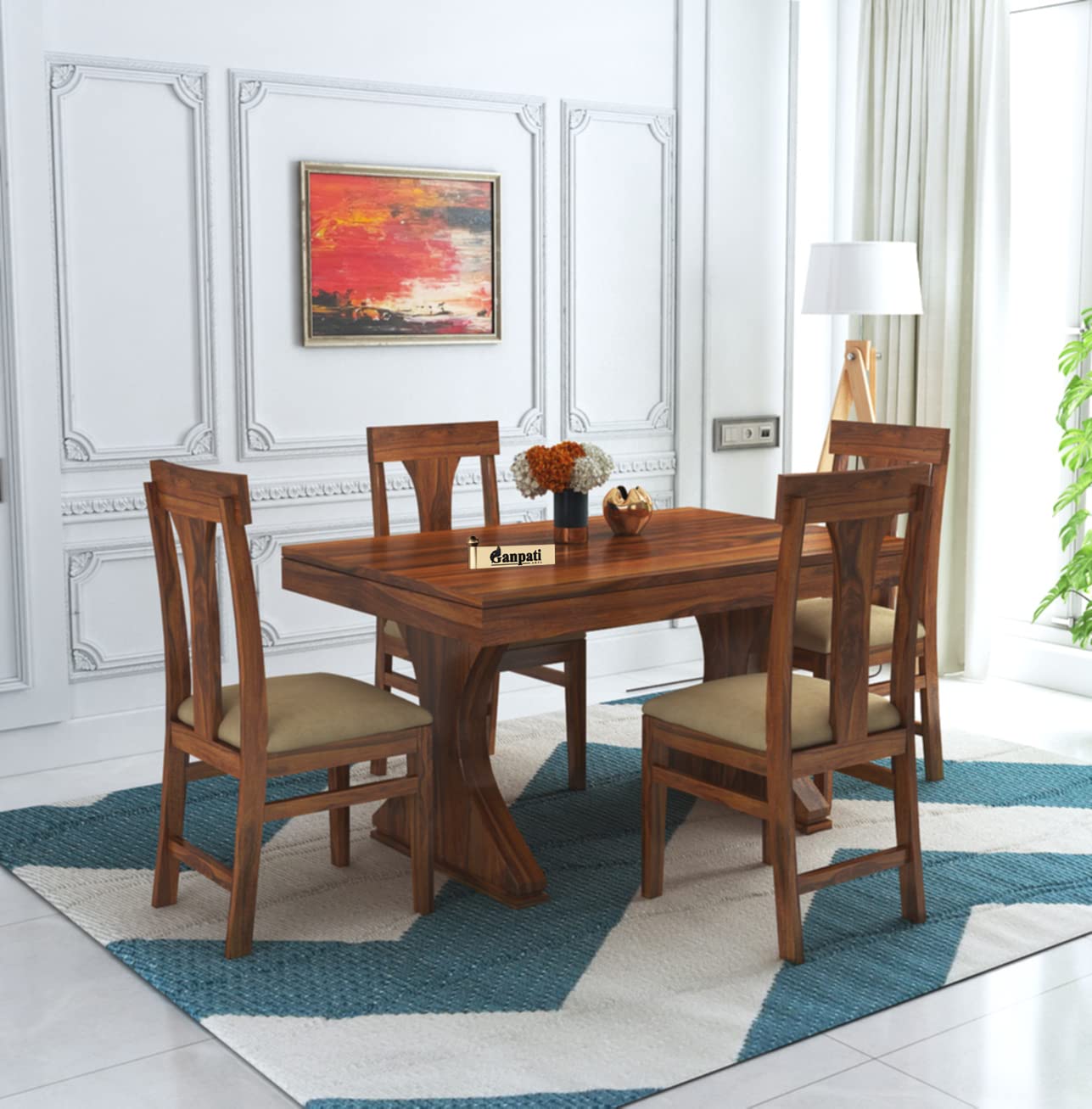 Ganpati Arts Solid Sheesham Wood 4 Seater MR Dining Table with Cushioned Chair Sets for Dining Room Rectangular Dinner Table Set for Living Room Home - (Natural Finish) 1 Year Warranty