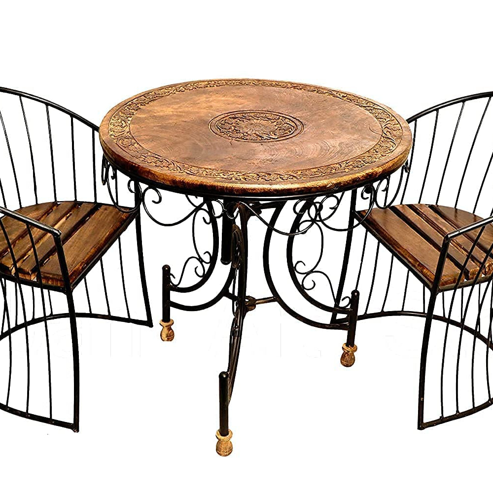 Giftoshopee Wood & Wrought Iron Patio Furniture Set for Garden & Outdoor/Indoor Furniture (Set of 3, Brown)