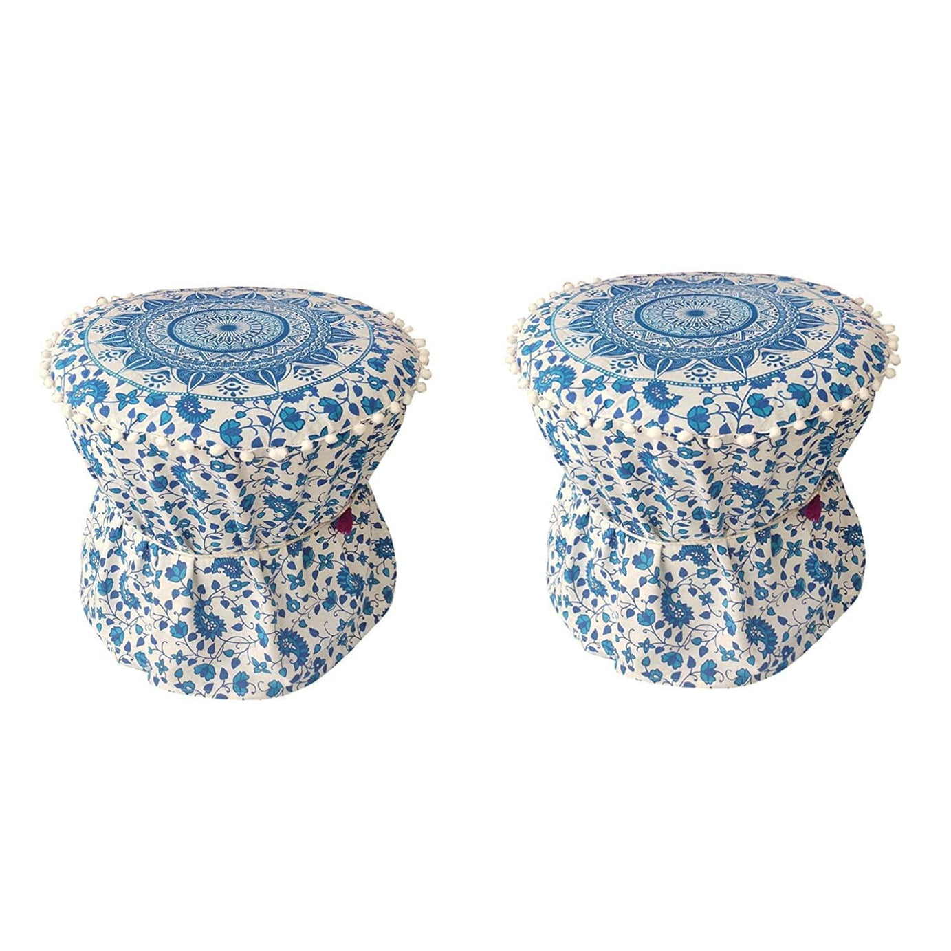 Tannu Craft Set of Two Footstool Bamboo Cover Mudda Ottoman Pouffe Cover Size 17x18 Inches Love Seats Set of 2 Pieces (Blue)