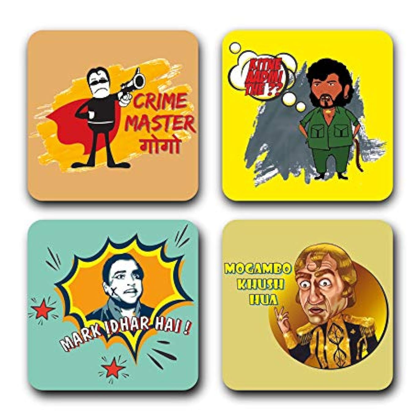 Yey Tea Coaster Set Bollywood Funny Villains Printed, MDF Wood Material Coasters for Home and Kitchen, Office Table, Dining Table, Home Decor (3.5x3.5 inches, Set of 4)