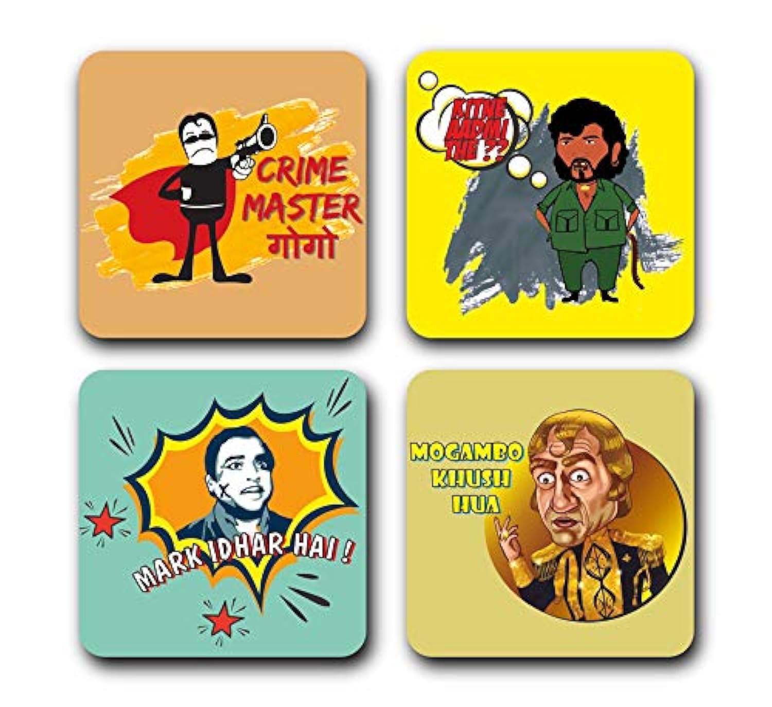 Yey Tea Coaster Set Bollywood Funny Villains Printed, MDF Wood Material Coasters for Home and Kitchen, Office Table, Dining Table, Home Decor (3.5x3.5 inches, Set of 4)