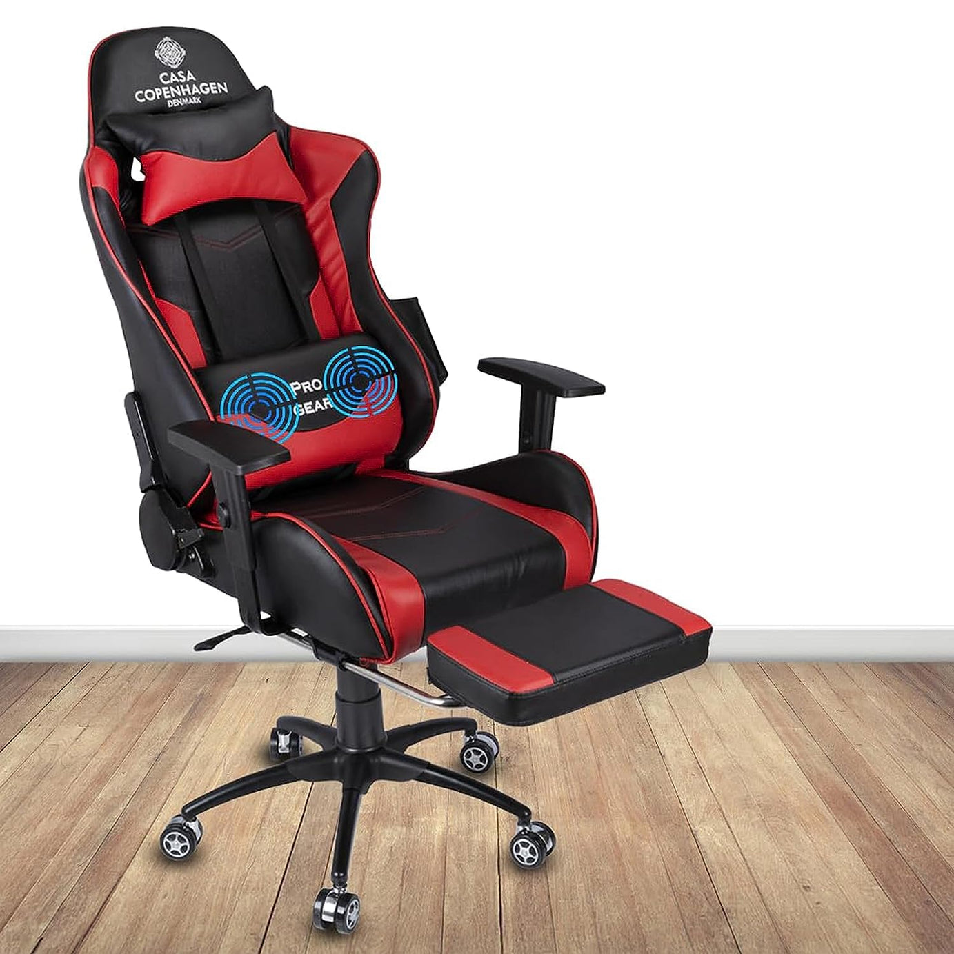 Casa Copenhagen Racing, High-Back Italian Leather Gaming Ergonomic Chair with Advanced Mechanism & Electric Back Massager, Luxurious Memory Foam Seating & Multi Function Arm-Rest - Red & Black