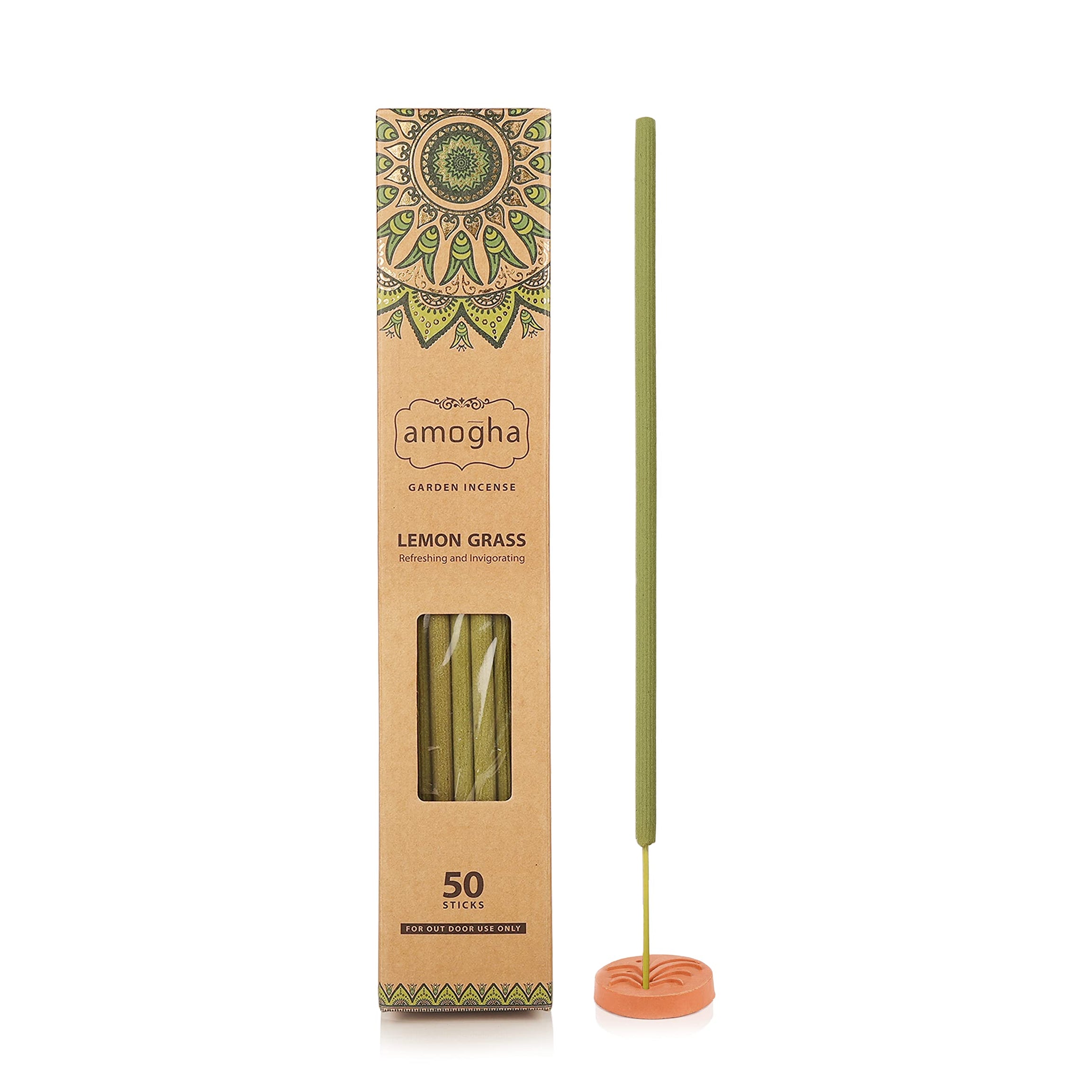 Amogha Lemongrass Incense Sticks with Terracotta Holder, 50 Sticks | 16" Inch Agarbatti Sticks with 2 Hours Burning time | Garden Incense Sticks | Purifying & Stimulating | Zero Carbon